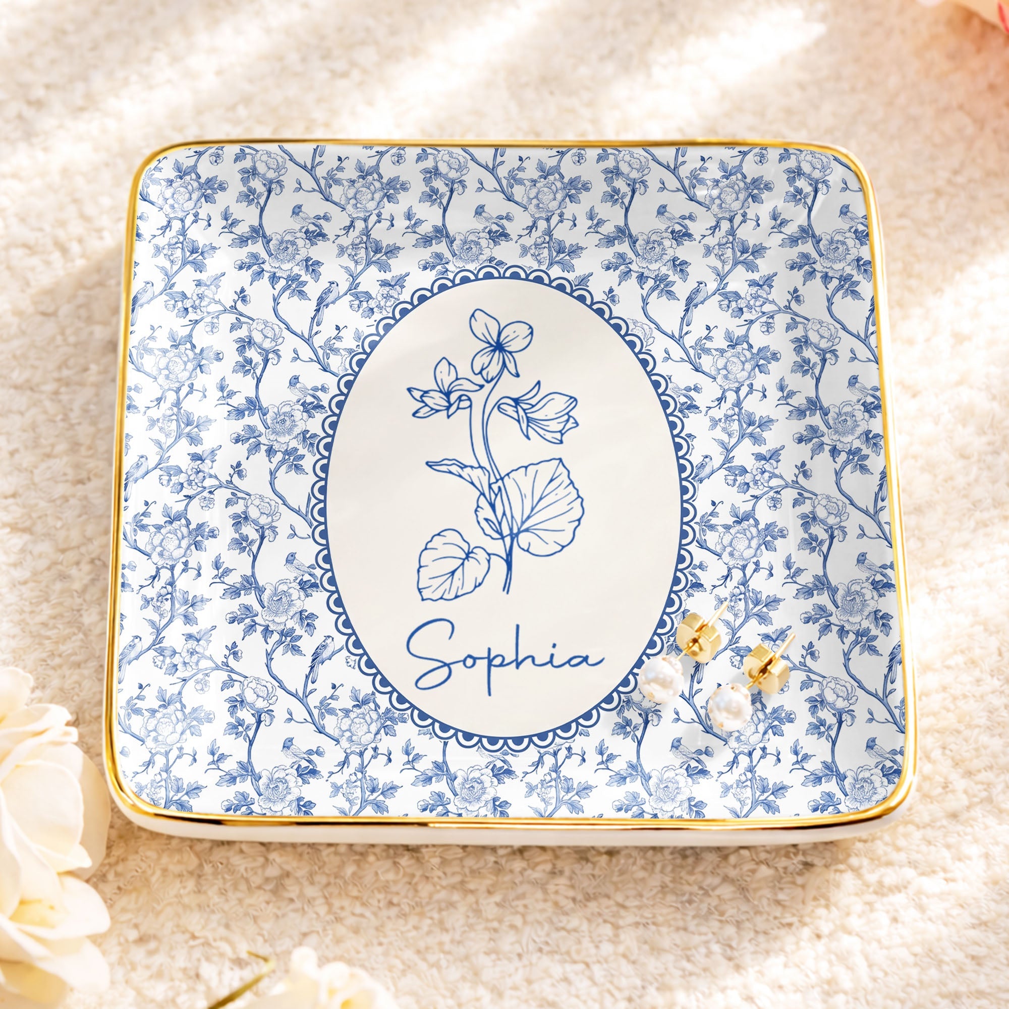 A Beautiful Bloom For A Special Soul Birth Month Flower Design - Personalized Custom Jewelry Dish, Ceramic Dish, Square Shape - DTG086_SCRF