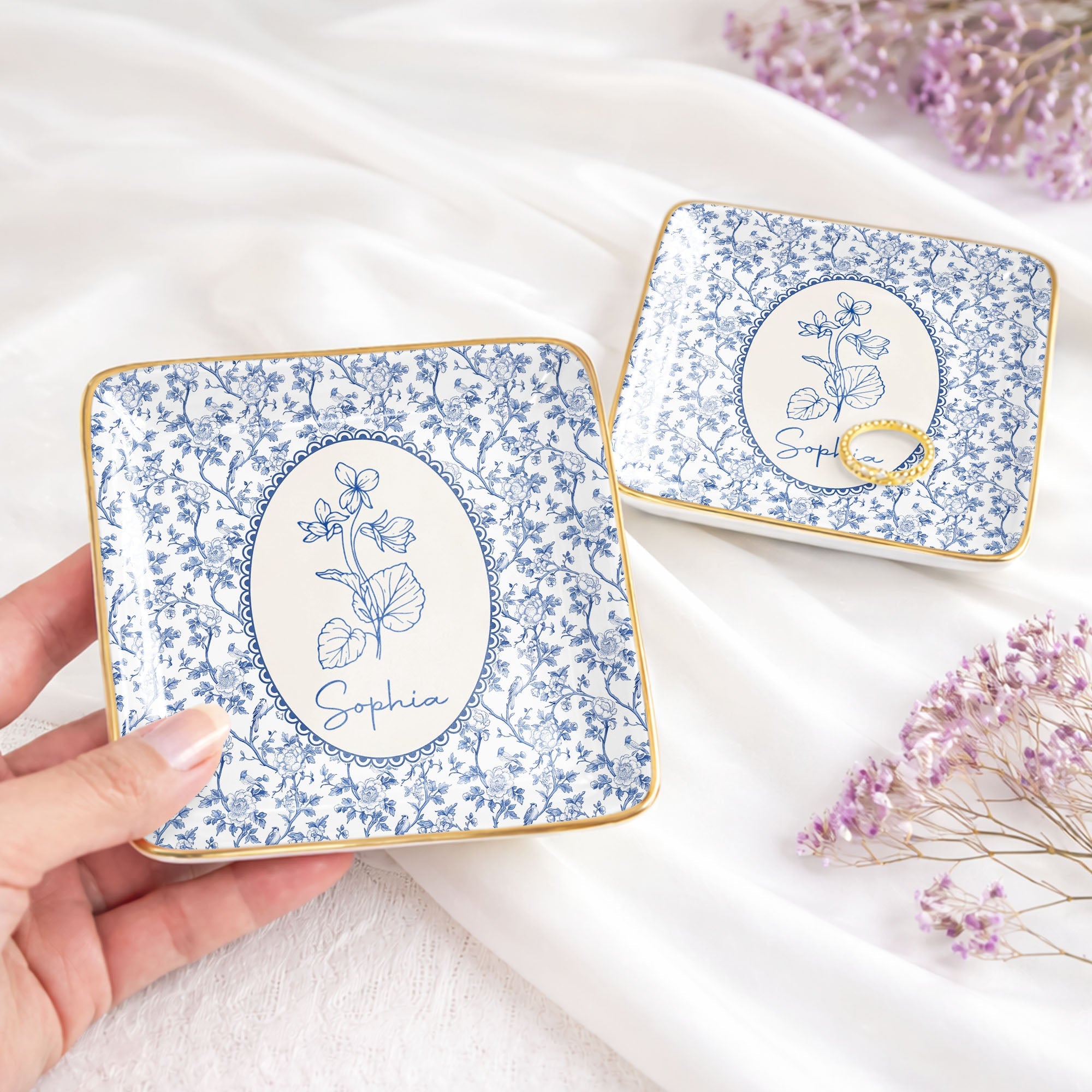 A Beautiful Bloom For A Special Soul Birth Month Flower Design - Personalized Custom Jewelry Dish, Ceramic Dish, Square Shape - DTG086_SCRF