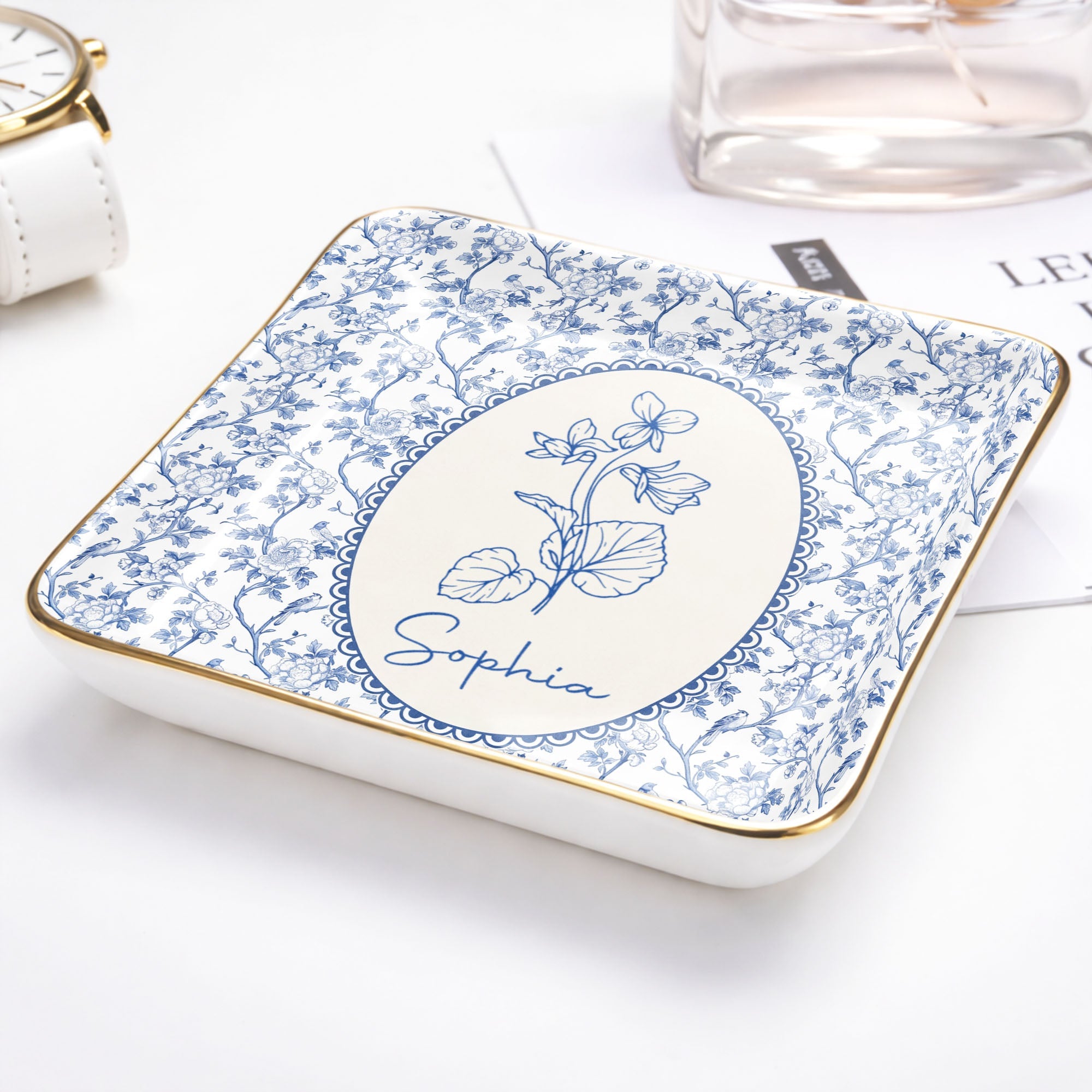 A Beautiful Bloom For A Special Soul Birth Month Flower Design - Personalized Custom Jewelry Dish, Ceramic Dish, Square Shape - DTG086_SCRF