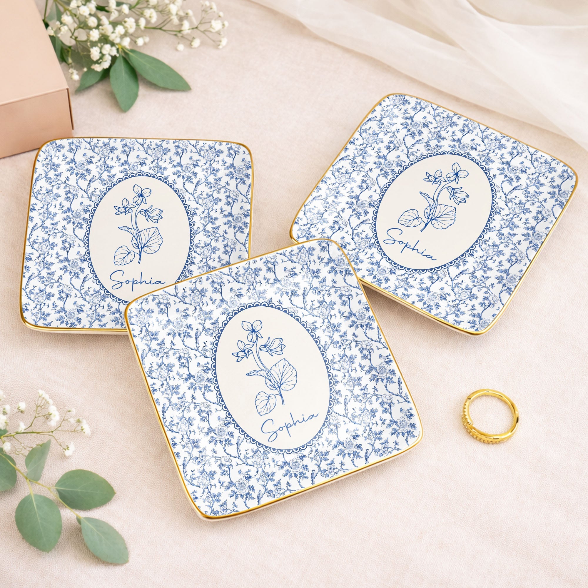 A Beautiful Bloom For A Special Soul Birth Month Flower Design - Personalized Custom Jewelry Dish, Ceramic Dish, Square Shape - DTG086_SCRF