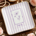 Personalized Birth Month Flower With Custom Name And Purple Stripes - Personalized Custom Jewelry Dish, Ceramic Dish, Square Shape - DTG087_SCRF