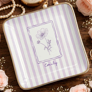 Personalized Birth Month Flower With Custom Name And Purple Stripes - Personalized Custom Jewelry Dish, Ceramic Dish, Square Shape - DTG087_SCRF