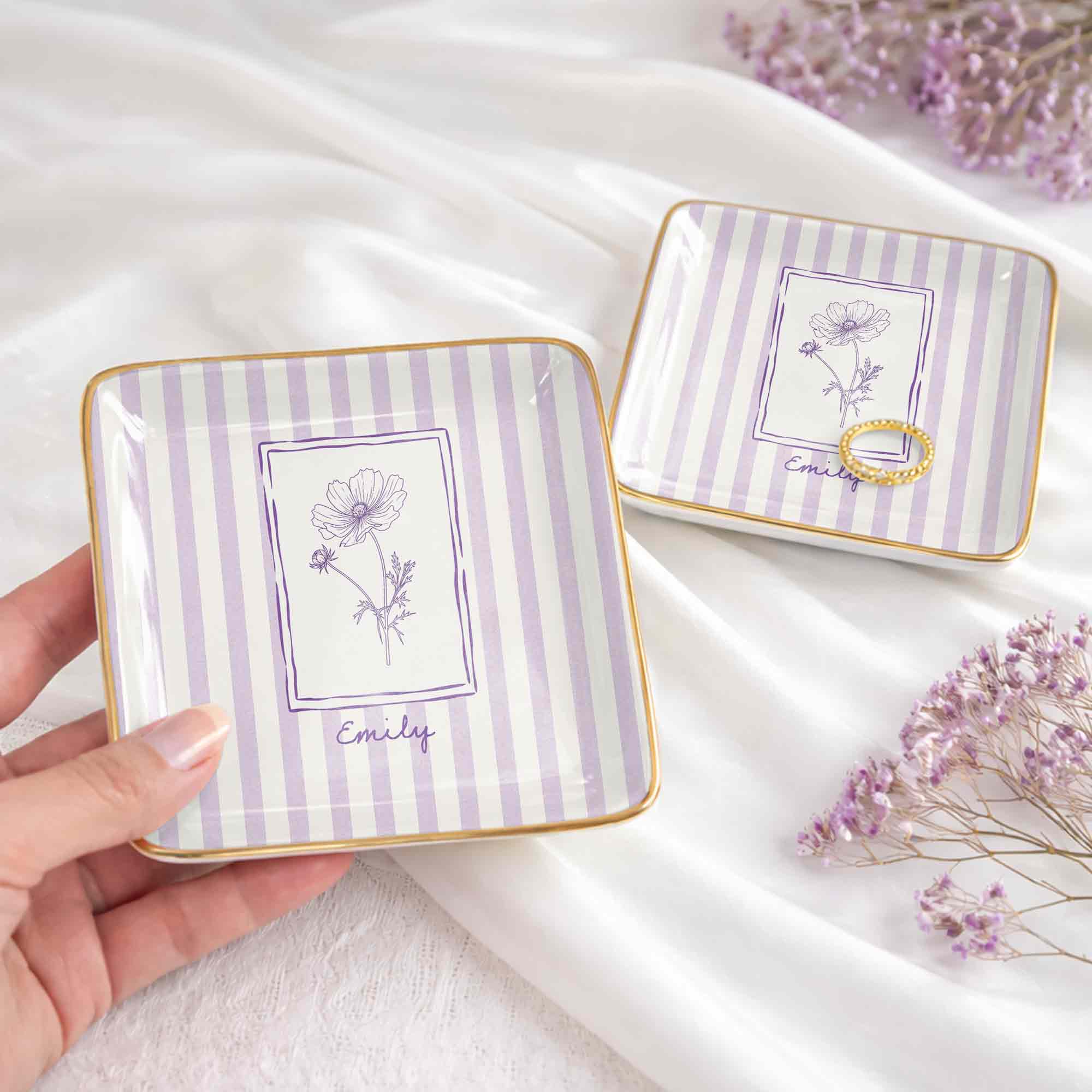 Personalized Birth Month Flower With Custom Name And Purple Stripes - Personalized Custom Jewelry Dish, Ceramic Dish, Square Shape - DTG087_SCRF