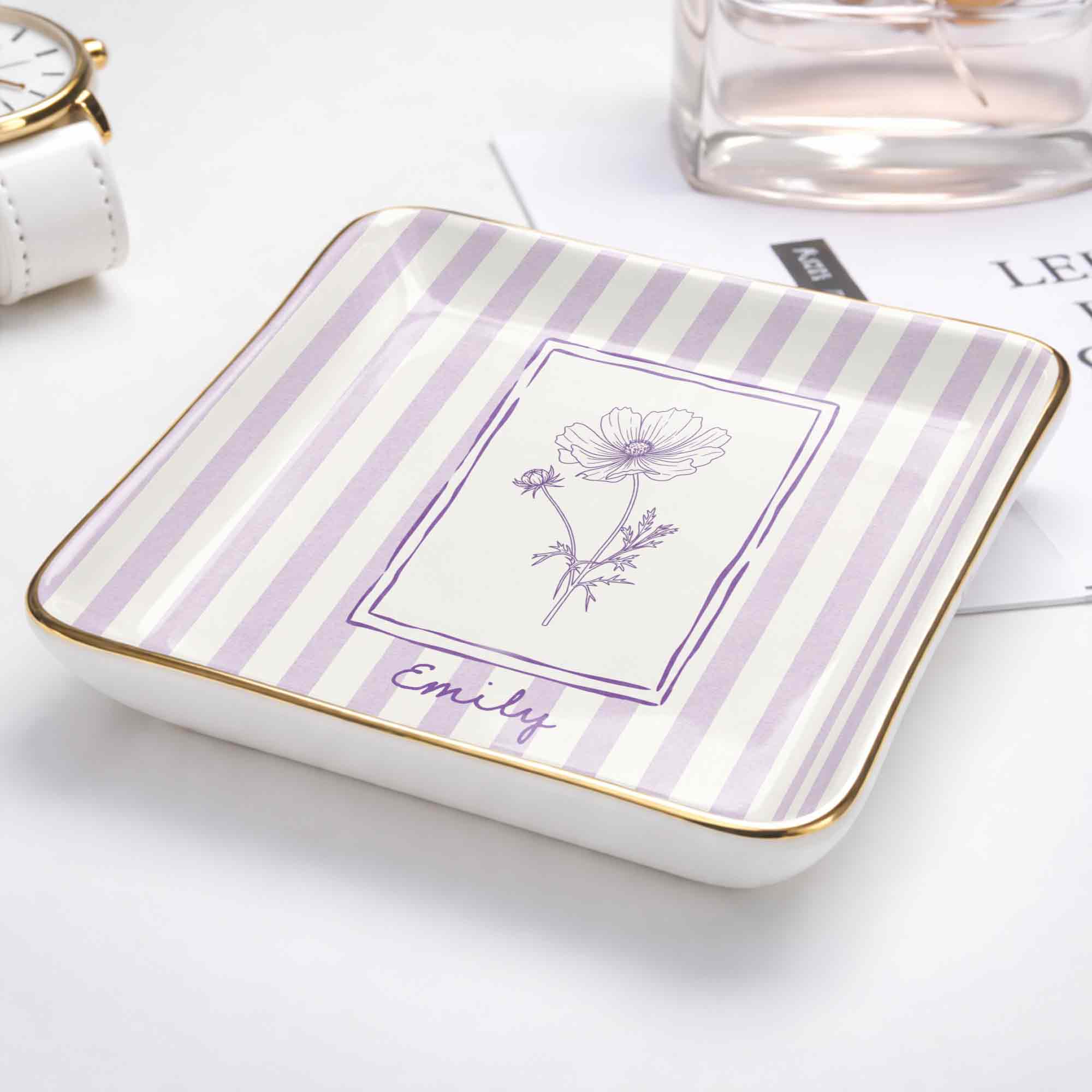 Personalized Birth Month Flower With Custom Name And Purple Stripes - Personalized Custom Jewelry Dish, Ceramic Dish, Square Shape - DTG087_SCRF