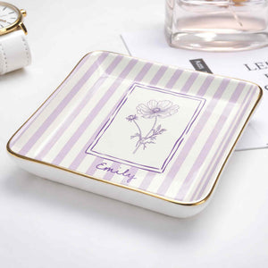 Personalized Birth Month Flower With Custom Name And Purple Stripes - Personalized Custom Jewelry Dish, Ceramic Dish, Square Shape - DTG087_SCRF
