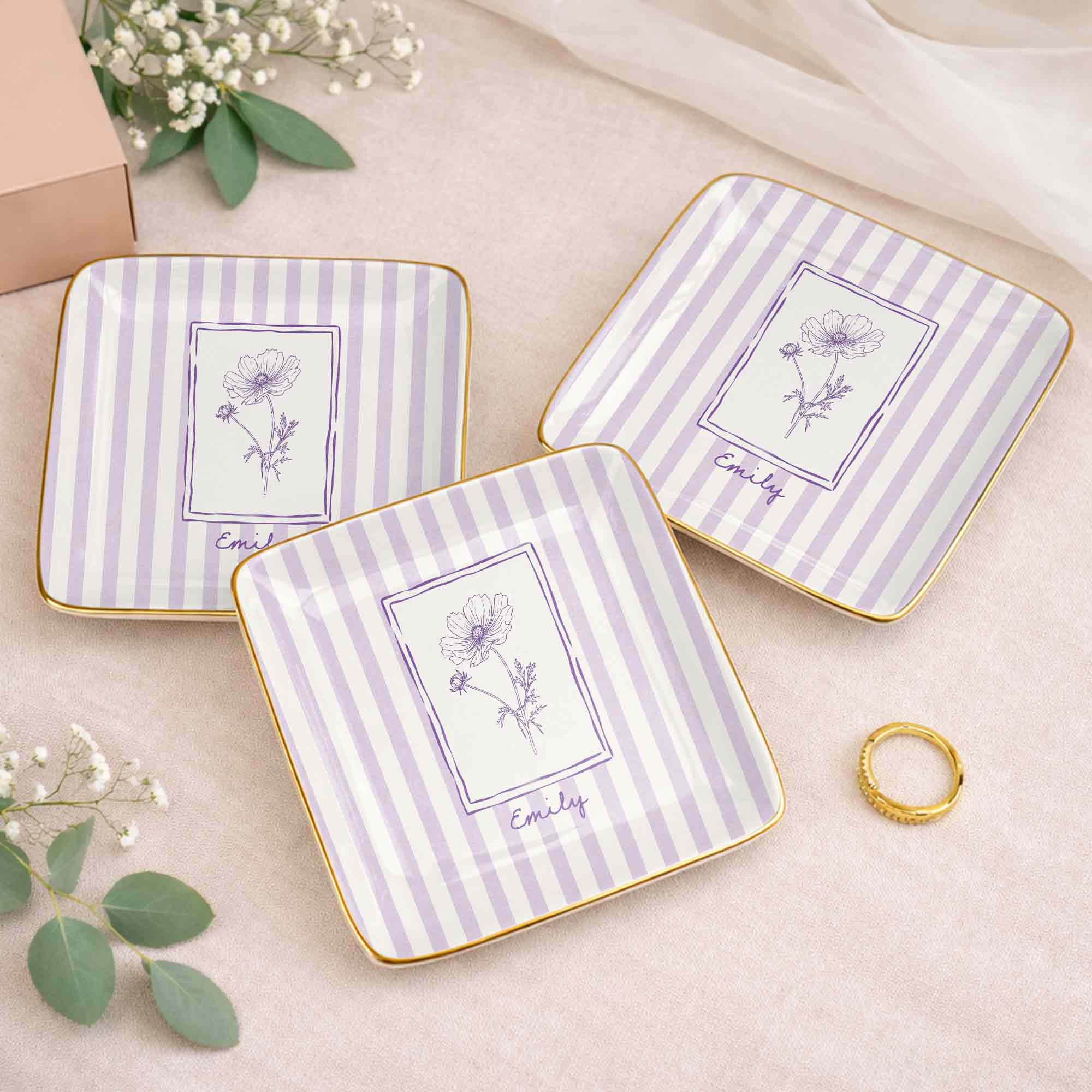 Personalized Birth Month Flower With Custom Name And Purple Stripes - Personalized Custom Jewelry Dish, Ceramic Dish, Square Shape - DTG087_SCRF