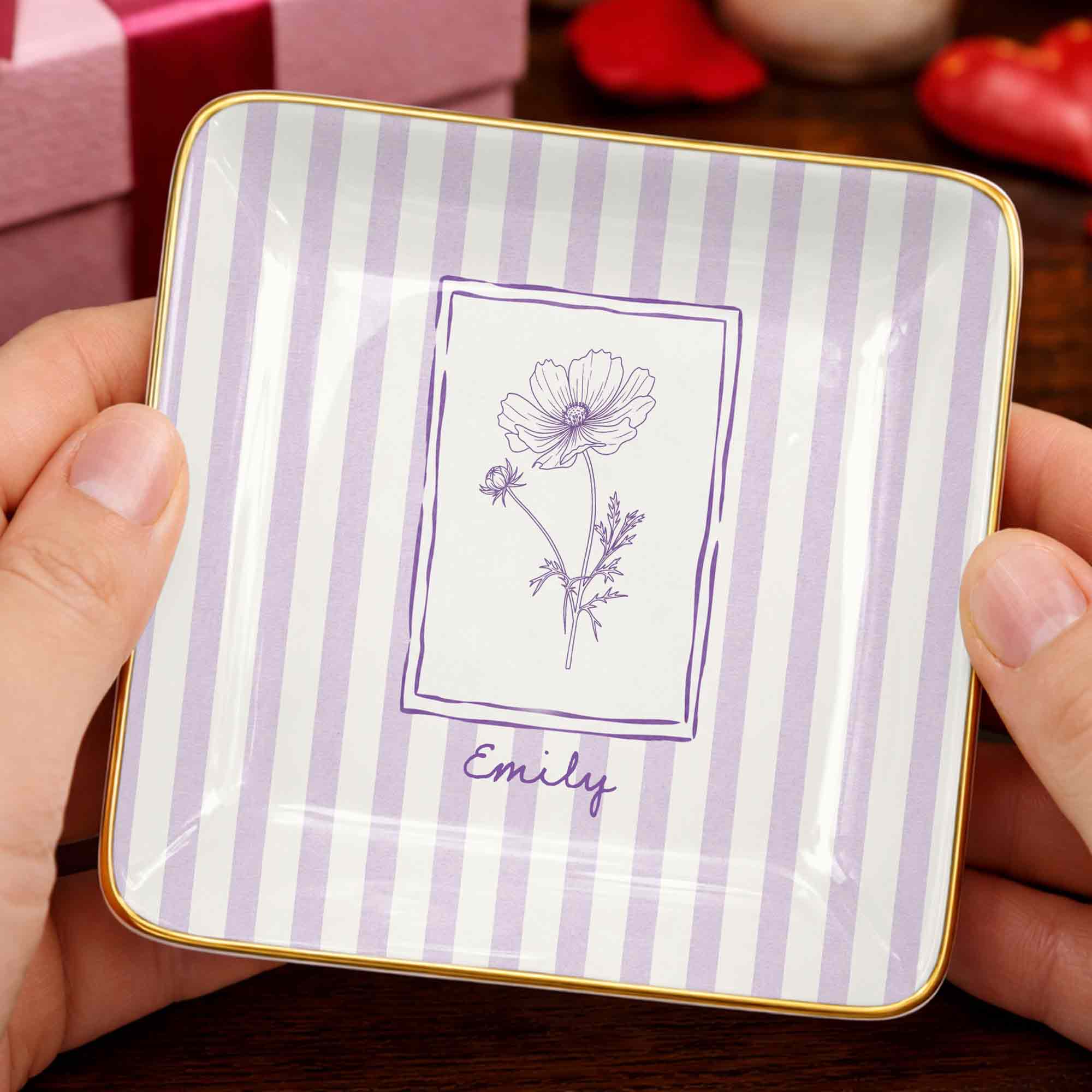 Personalized Birth Month Flower With Custom Name And Purple Stripes - Personalized Custom Jewelry Dish, Ceramic Dish, Square Shape - DTG087_SCRF