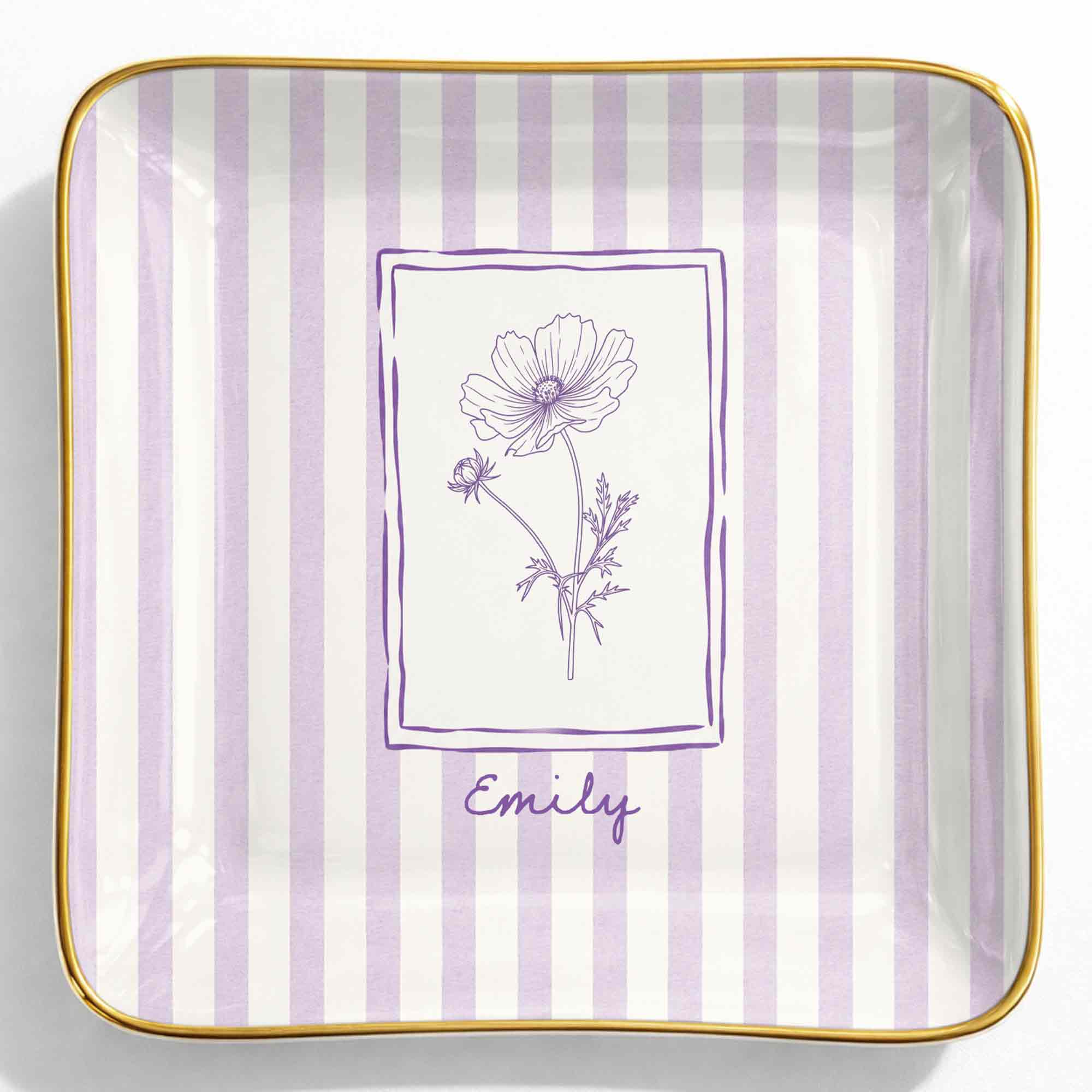 Personalized Birth Month Flower With Custom Name And Purple Stripes - Personalized Custom Jewelry Dish, Ceramic Dish, Square Shape - DTG087_SCRF