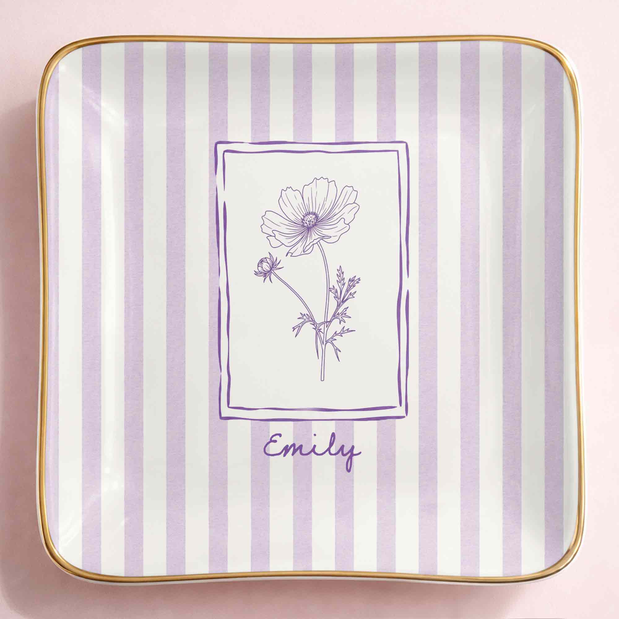 Personalized Birth Month Flower With Custom Name And Purple Stripes - Personalized Custom Jewelry Dish, Ceramic Dish, Square Shape - DTG087_SCRF