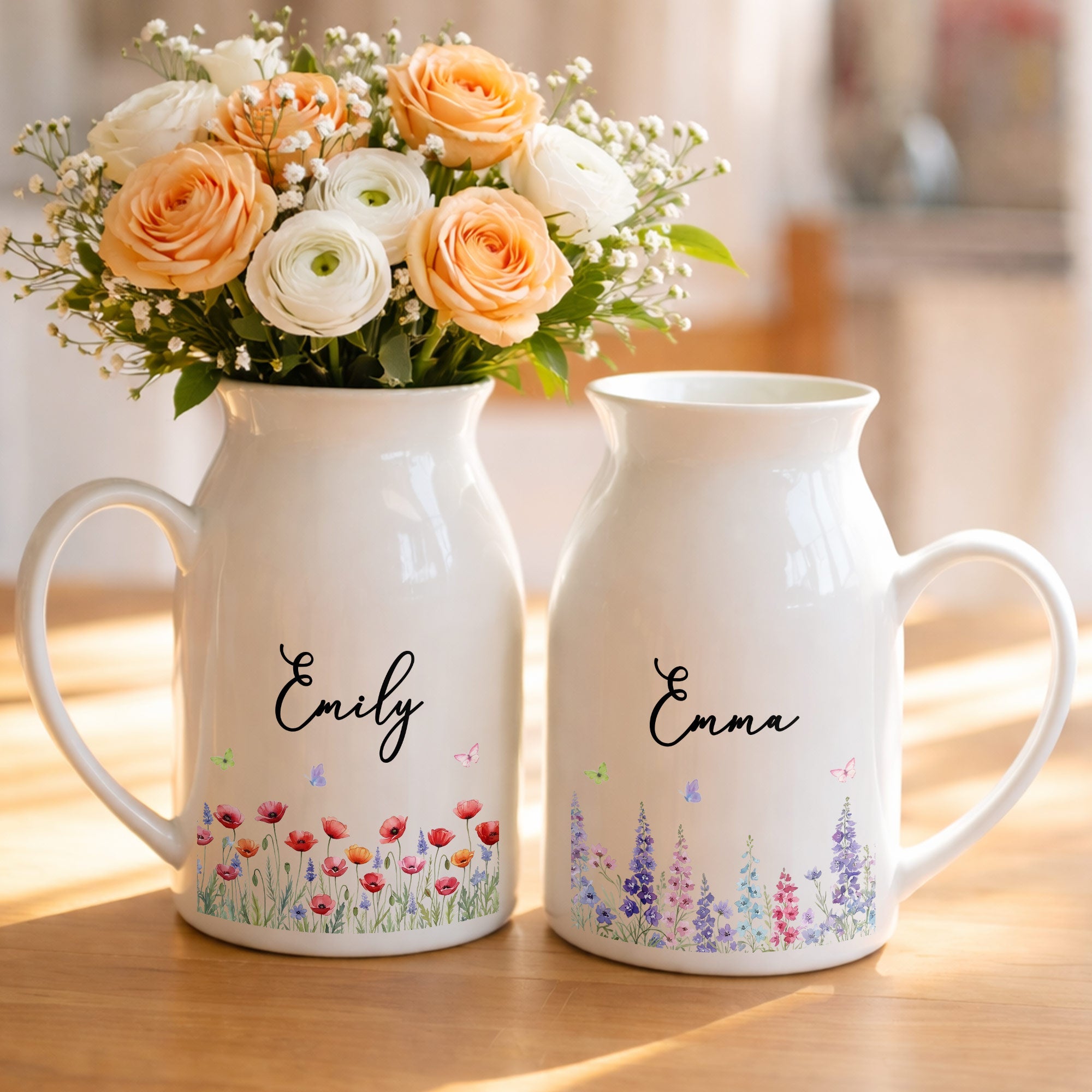 A Beautiful Garden Of Birth Month Flowers And Butterflies - Personalized Ceramic Flower Vase