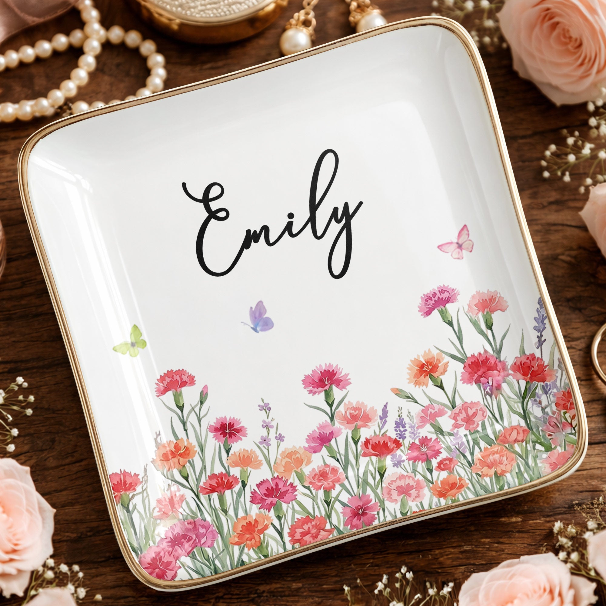 Custom Birth Month Flowers and Butterflies Garden Jewelry Dish - Personalized Custom Jewelry Dish, Ceramic Dish, Square Shape - DTG092_SCRF