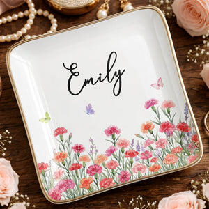 Custom Birth Month Flowers and Butterflies Garden Jewelry Dish - Personalized Custom Jewelry Dish, Ceramic Dish, Square Shape - DTG092_SCRF