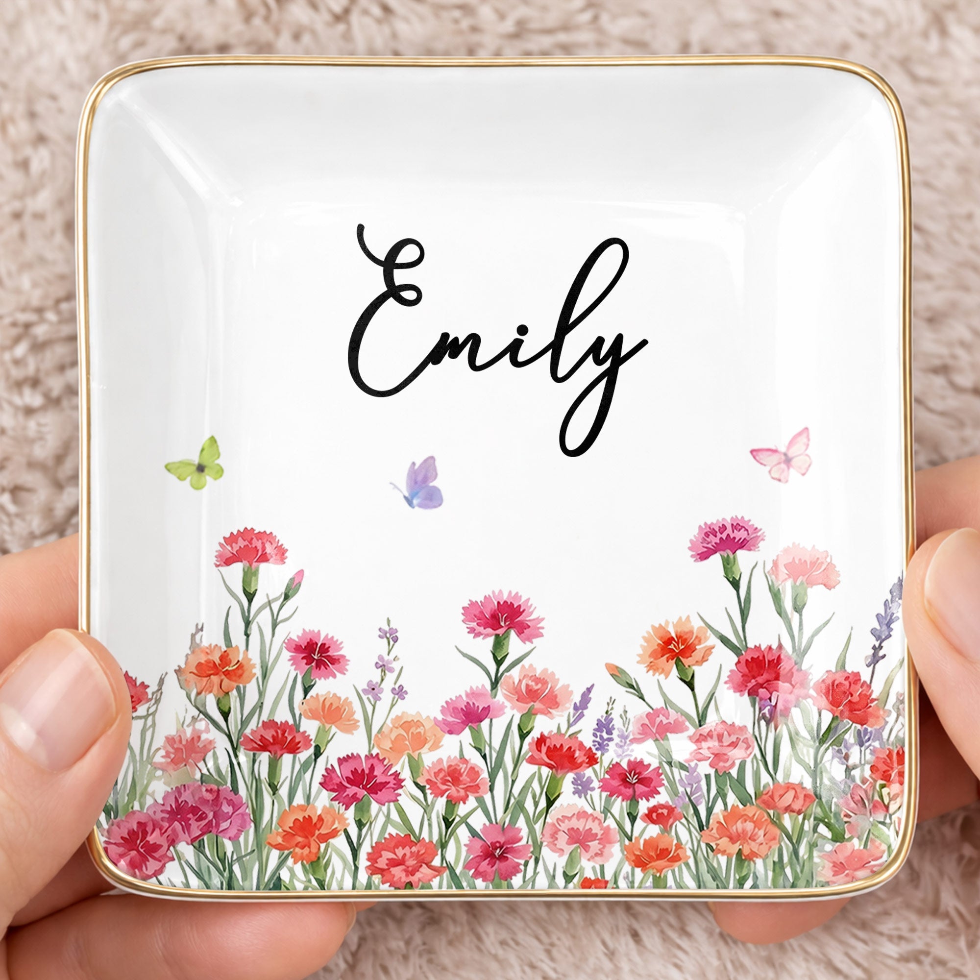 Custom Birth Month Flowers and Butterflies Garden Jewelry Dish - Personalized Custom Jewelry Dish, Ceramic Dish, Square Shape - DTG092_SCRF