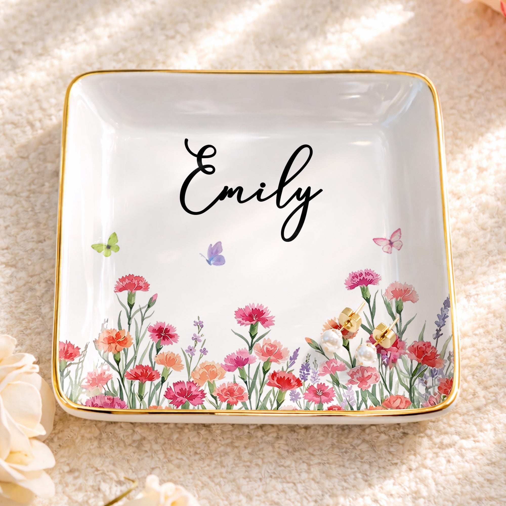 Custom Birth Month Flowers and Butterflies Garden Jewelry Dish - Personalized Custom Jewelry Dish, Ceramic Dish, Square Shape - DTG092_SCRF