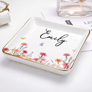 Custom Birth Month Flowers and Butterflies Garden Jewelry Dish - Personalized Custom Jewelry Dish, Ceramic Dish, Square Shape - DTG092_SCRF