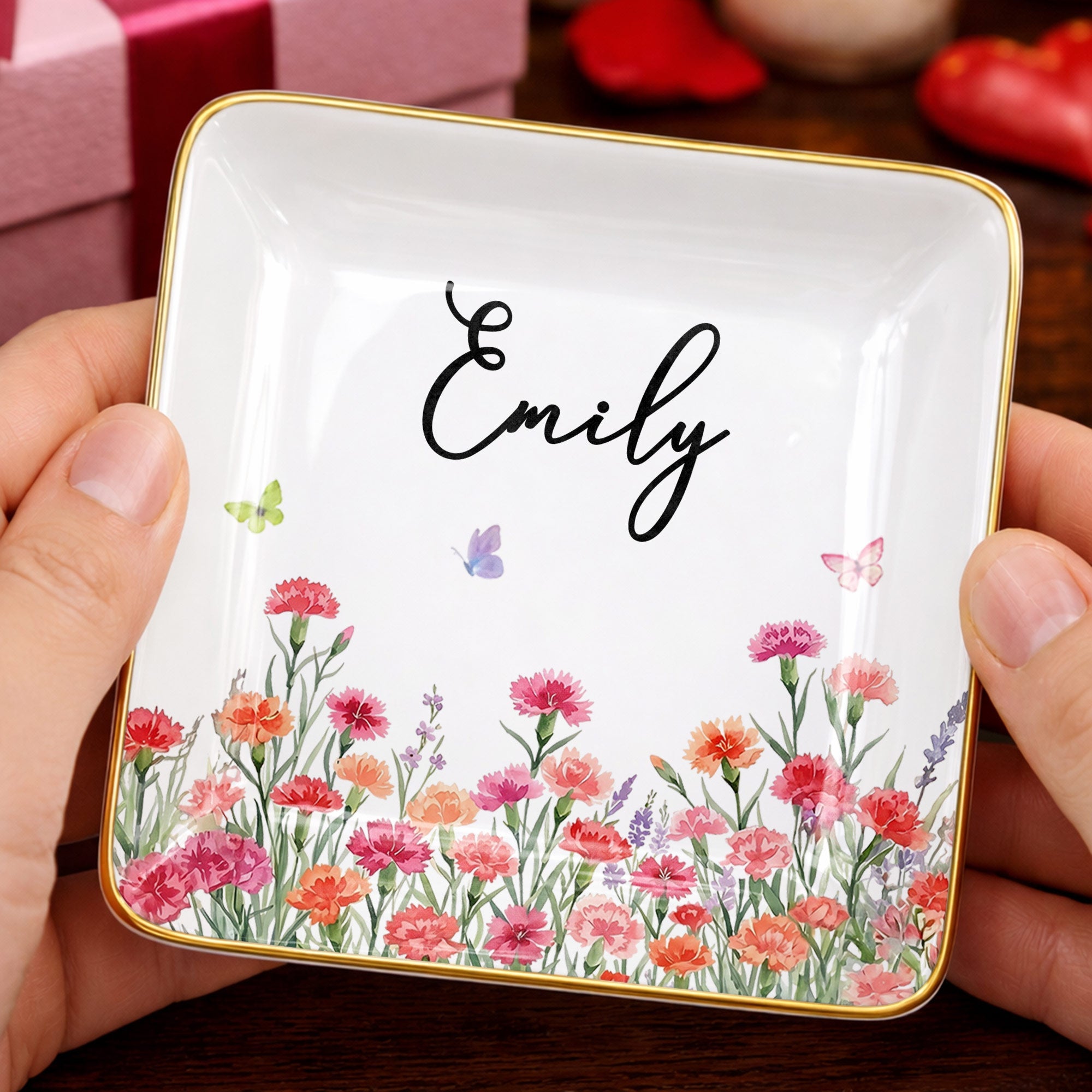 Custom Birth Month Flowers and Butterflies Garden Jewelry Dish - Personalized Custom Jewelry Dish, Ceramic Dish, Square Shape - DTG092_SCRF