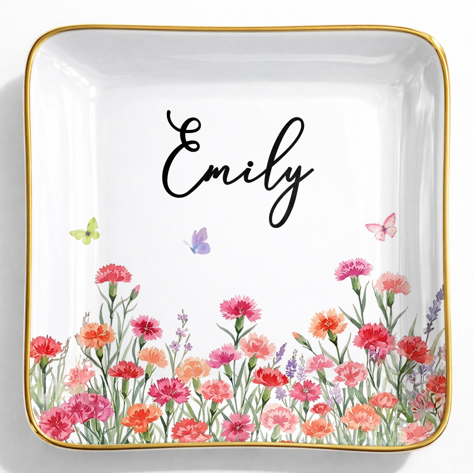Custom Birth Month Flowers and Butterflies Garden Jewelry Dish - Personalized Custom Jewelry Dish, Ceramic Dish, Square Shape - DTG092_SCRF