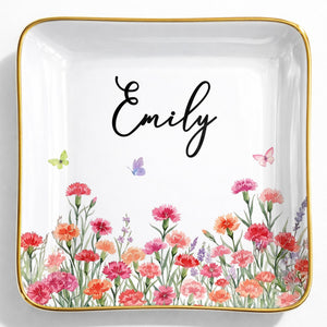 Custom Birth Month Flowers and Butterflies Garden Jewelry Dish - Personalized Custom Jewelry Dish, Ceramic Dish, Square Shape - DTG092_SCRF