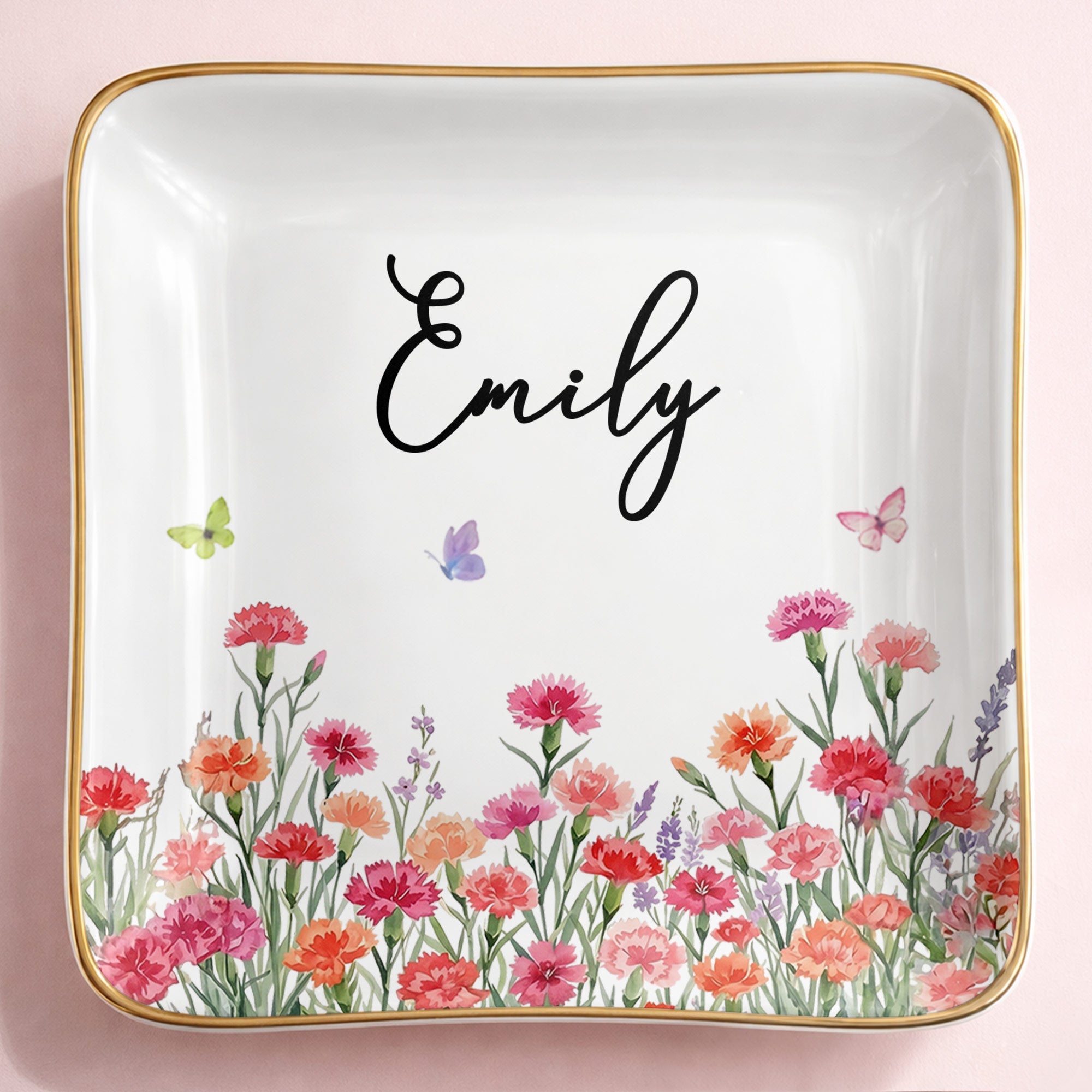Custom Birth Month Flowers and Butterflies Garden Jewelry Dish - Personalized Custom Jewelry Dish, Ceramic Dish, Square Shape - DTG092_SCRF