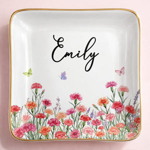 Custom Birth Month Flowers and Butterflies Garden Jewelry Dish - Personalized Custom Jewelry Dish, Ceramic Dish, Square Shape - DTG092_SCRF