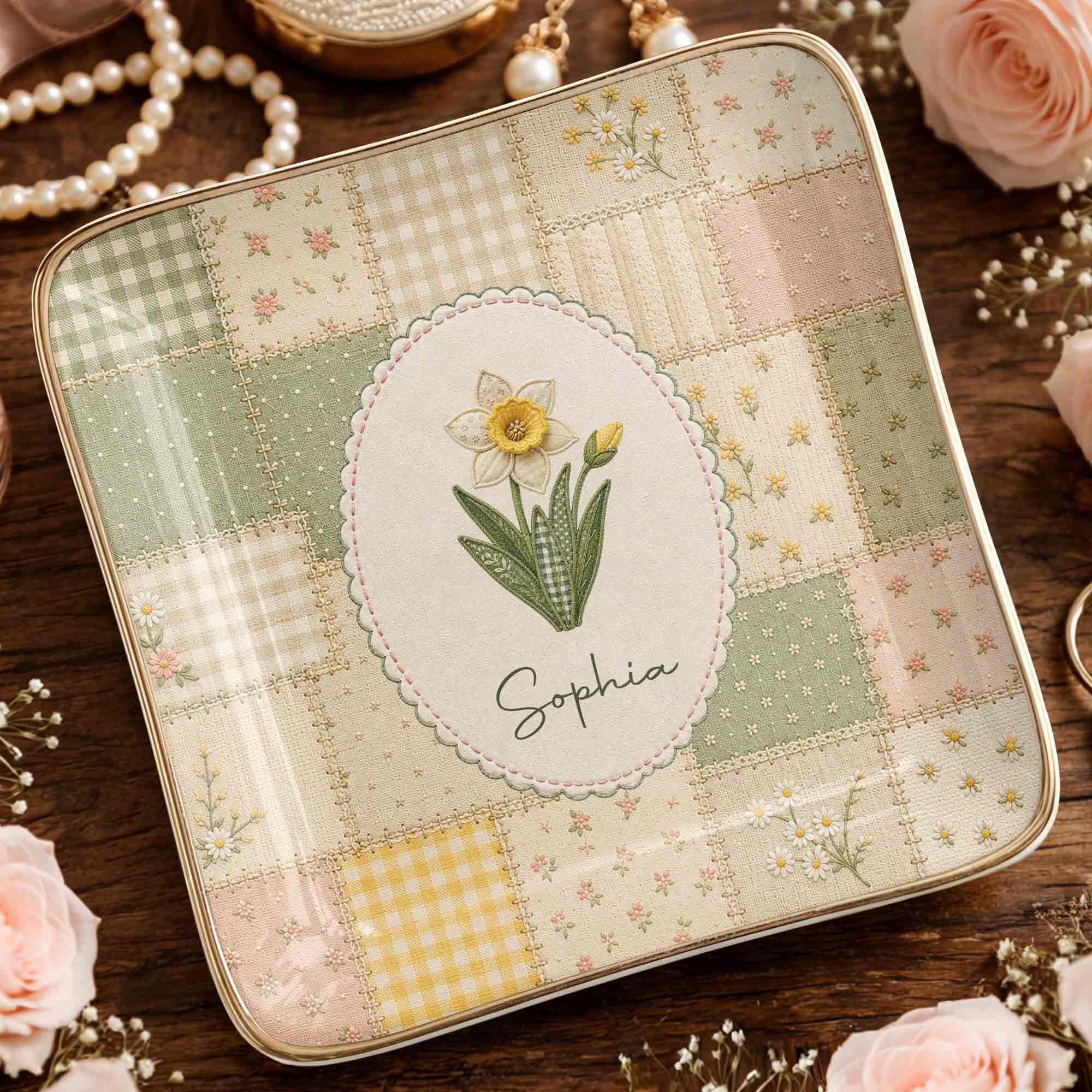 Bloom With Grace And Love Birth Month Flowers Faux Patchwork - Personalized Custom Jewelry Dish, Ceramic Dish, Square Shape - DTG112_SCRF