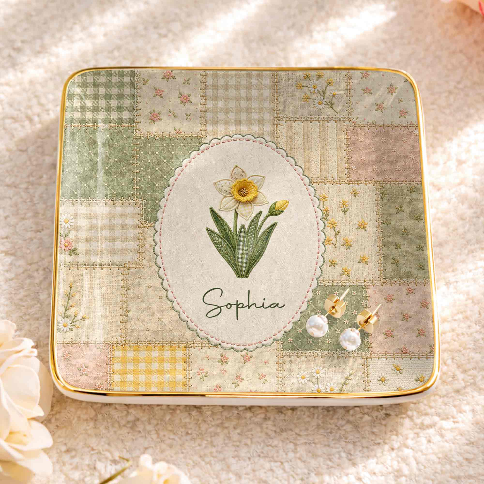 Bloom With Grace And Love Birth Month Flowers Faux Patchwork - Personalized Custom Jewelry Dish, Ceramic Dish, Square Shape - DTG112_SCRF