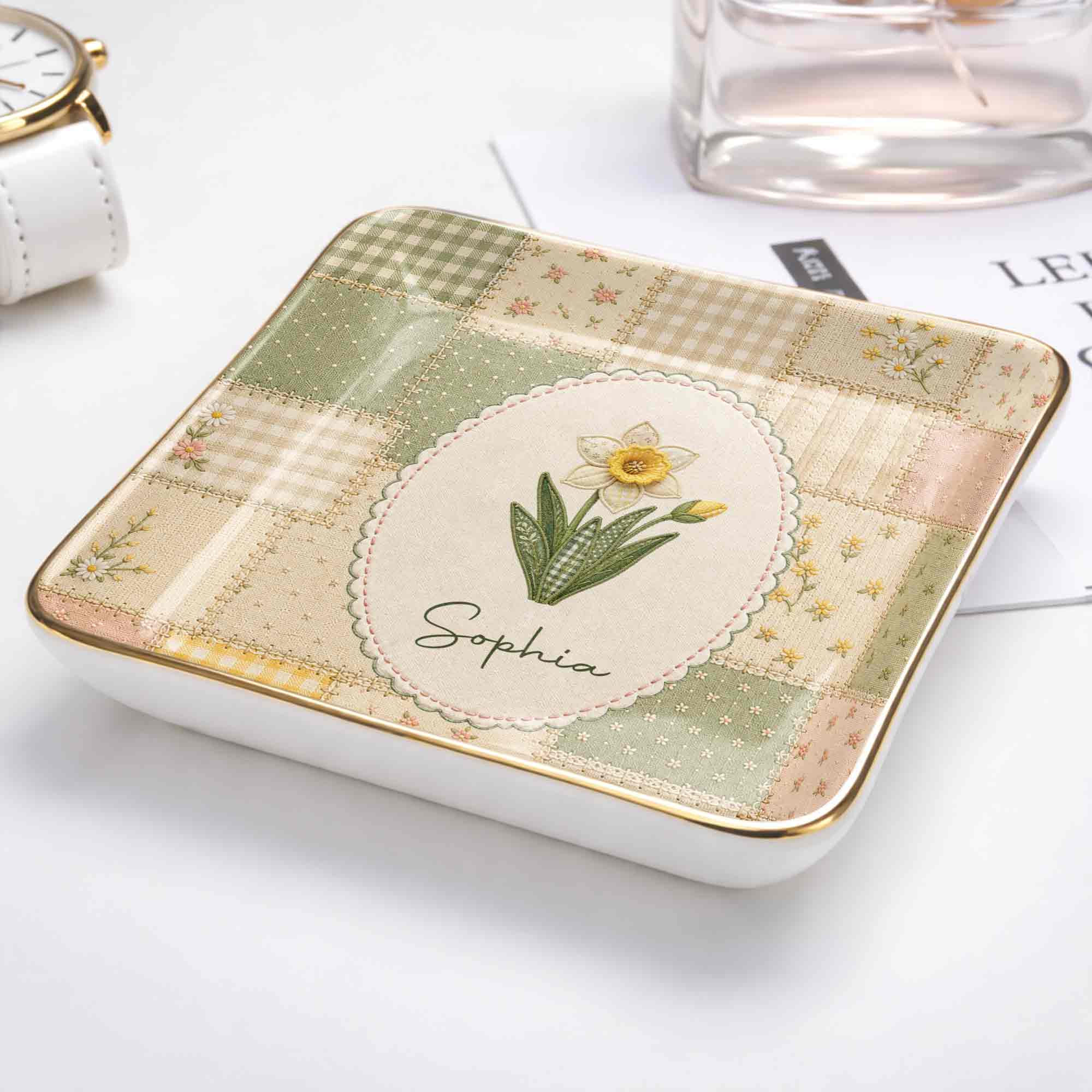 Bloom With Grace And Love Birth Month Flowers Faux Patchwork - Personalized Custom Jewelry Dish, Ceramic Dish, Square Shape - DTG112_SCRF