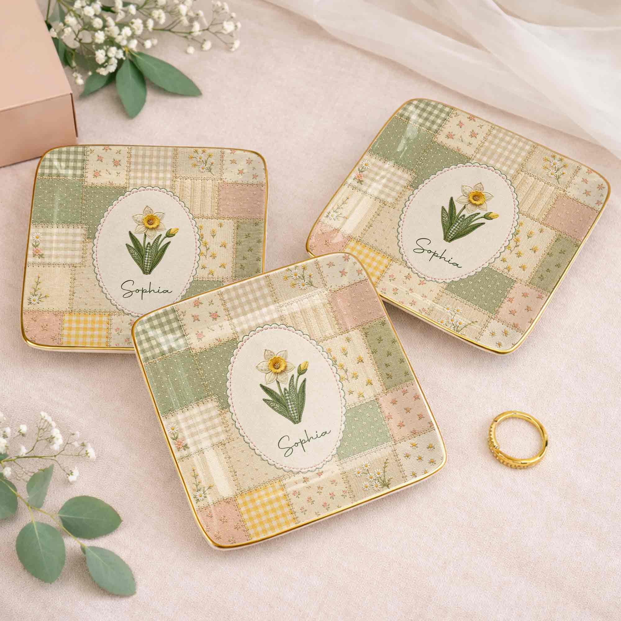 Bloom With Grace And Love Birth Month Flowers Faux Patchwork - Personalized Custom Jewelry Dish, Ceramic Dish, Square Shape - DTG112_SCRF