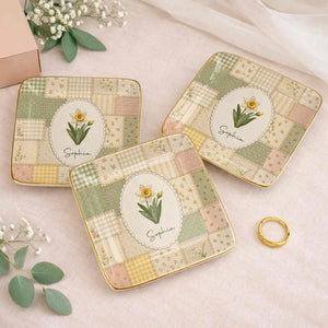 Bloom With Grace And Love Birth Month Flowers Faux Patchwork - Personalized Custom Jewelry Dish, Ceramic Dish, Square Shape - DTG112_SCRF