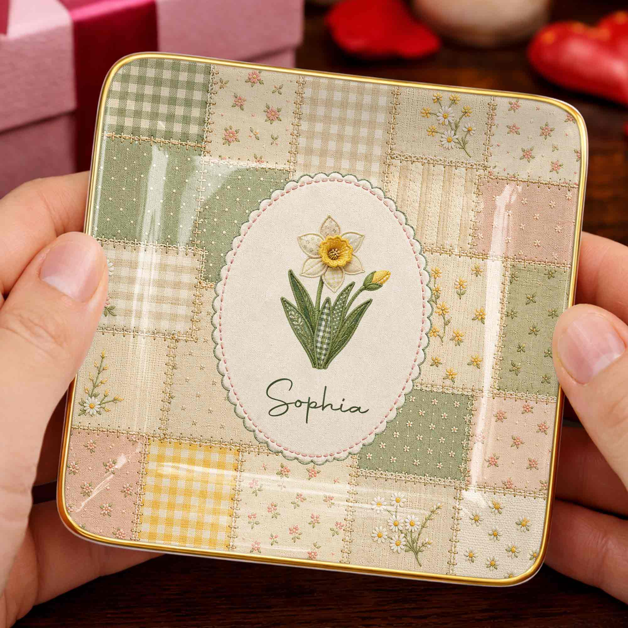 Bloom With Grace And Love Birth Month Flowers Faux Patchwork - Personalized Custom Jewelry Dish, Ceramic Dish, Square Shape - DTG112_SCRF