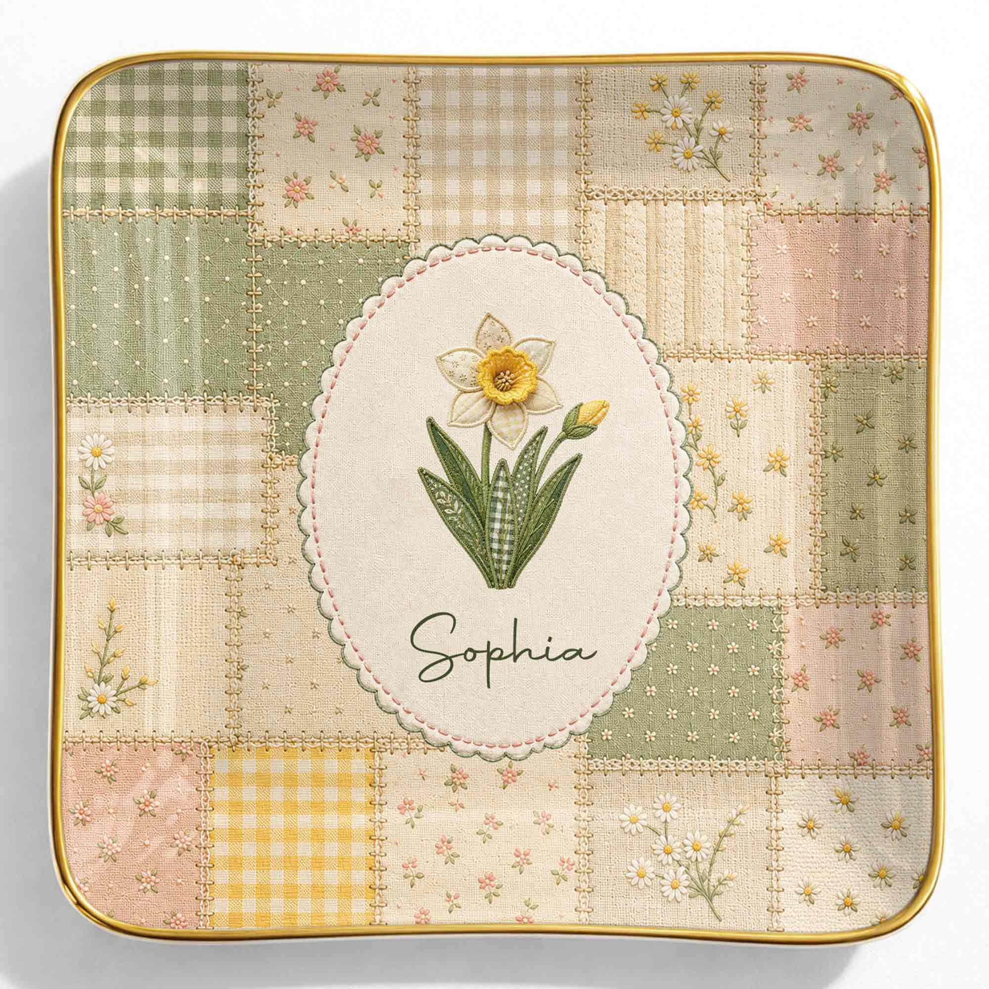 Bloom With Grace And Love Birth Month Flowers Faux Patchwork - Personalized Custom Jewelry Dish, Ceramic Dish, Square Shape - DTG112_SCRF