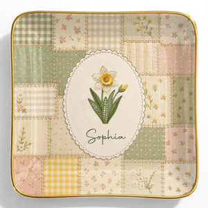 Bloom With Grace And Love Birth Month Flowers Faux Patchwork - Personalized Custom Jewelry Dish, Ceramic Dish, Square Shape - DTG112_SCRF