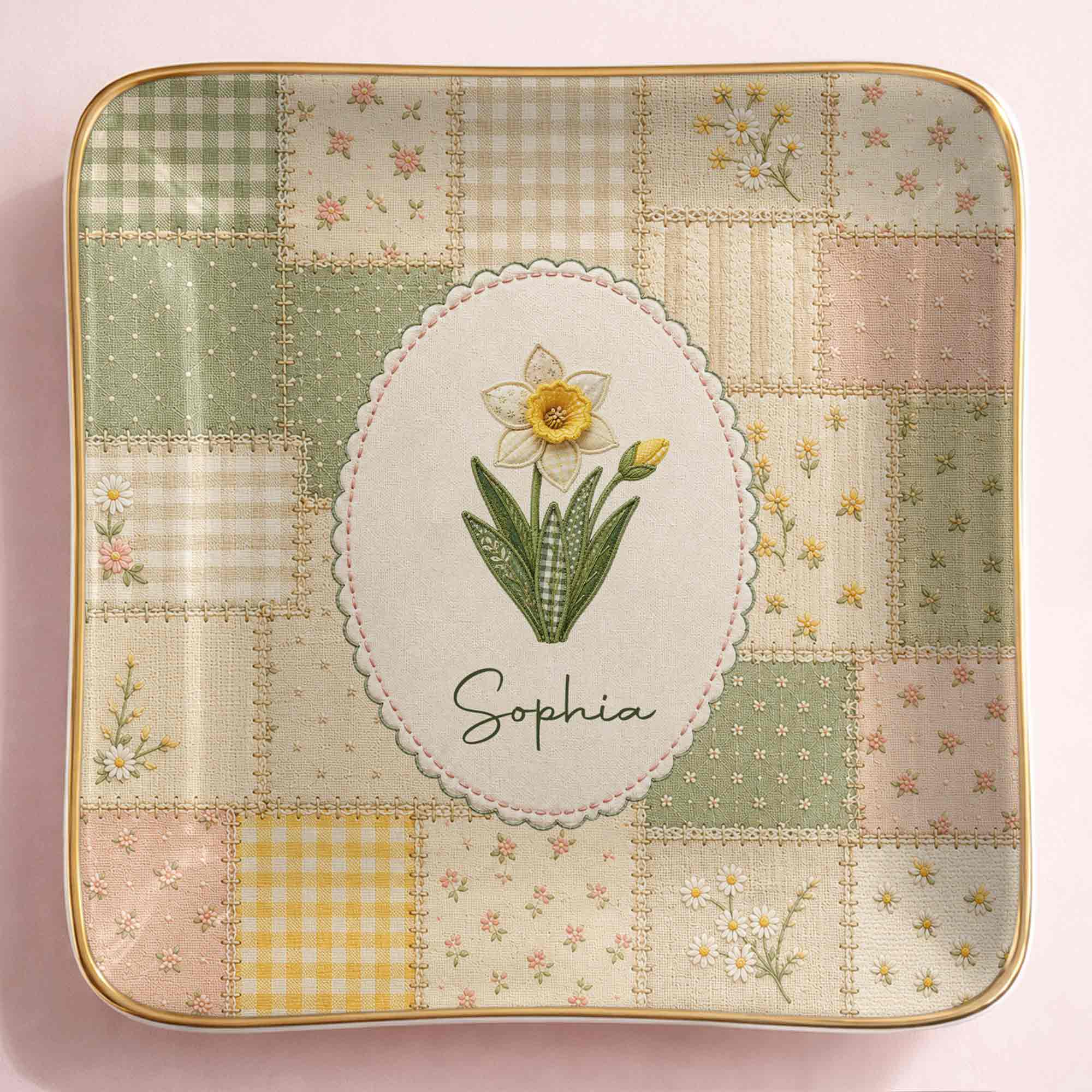 Bloom With Grace And Love Birth Month Flowers Faux Patchwork - Personalized Custom Jewelry Dish, Ceramic Dish, Square Shape - DTG112_SCRF