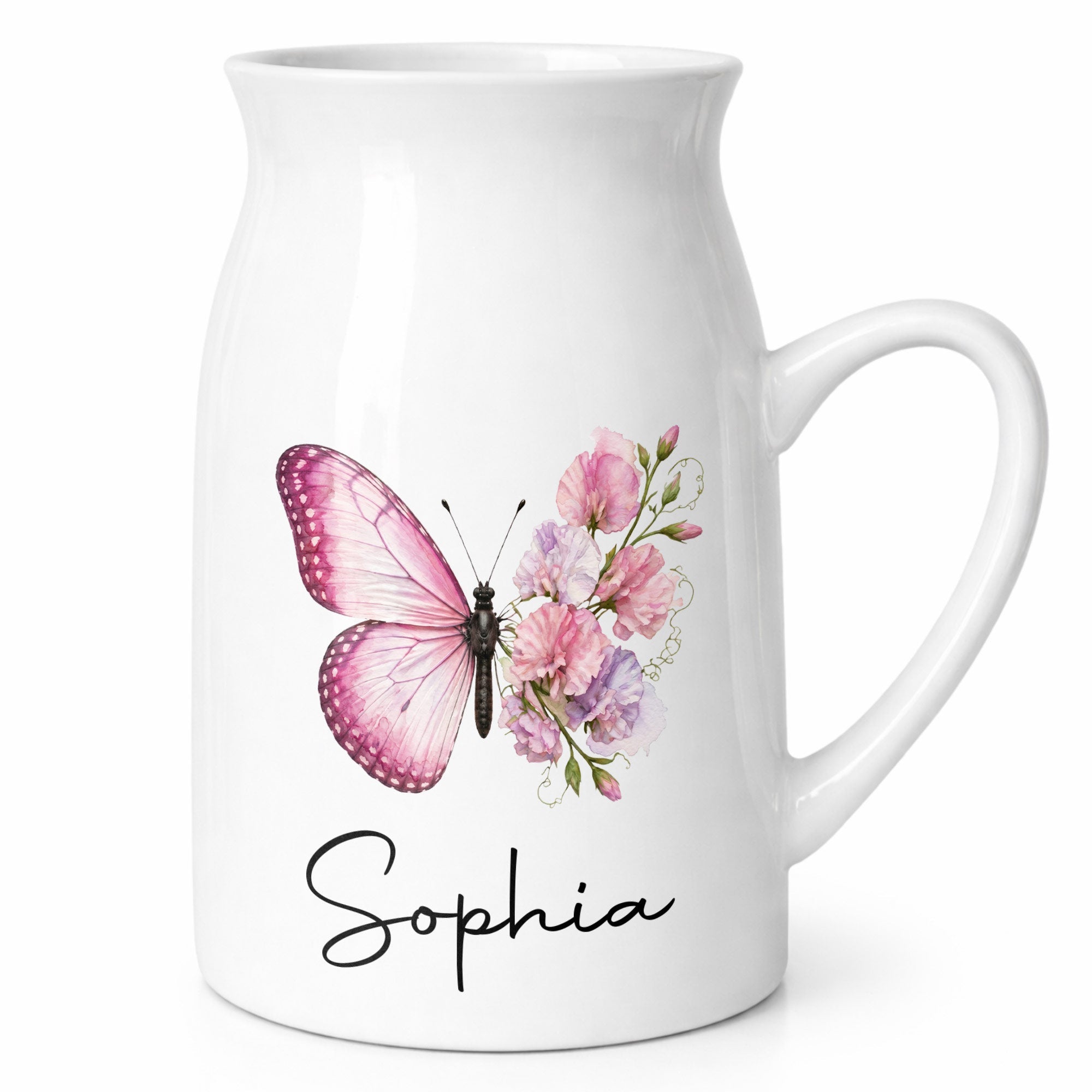 A Beautiful Butterfly And Its Blooming Flowers Custom Floral - Personalized Ceramic Flower Vase