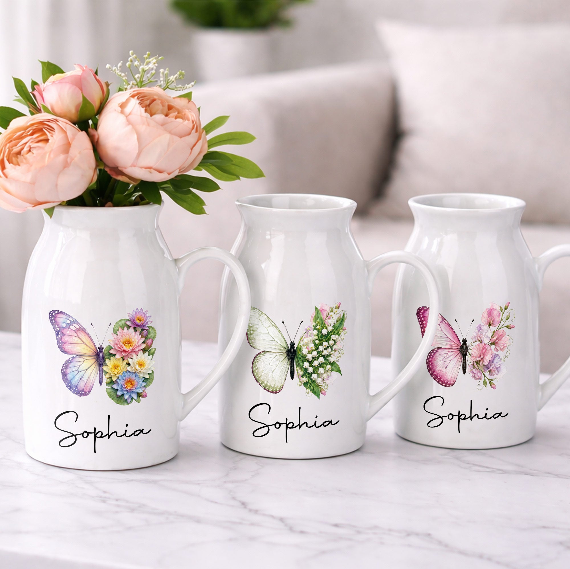 A Beautiful Butterfly And Its Blooming Flowers Custom Floral - Personalized Ceramic Flower Vase