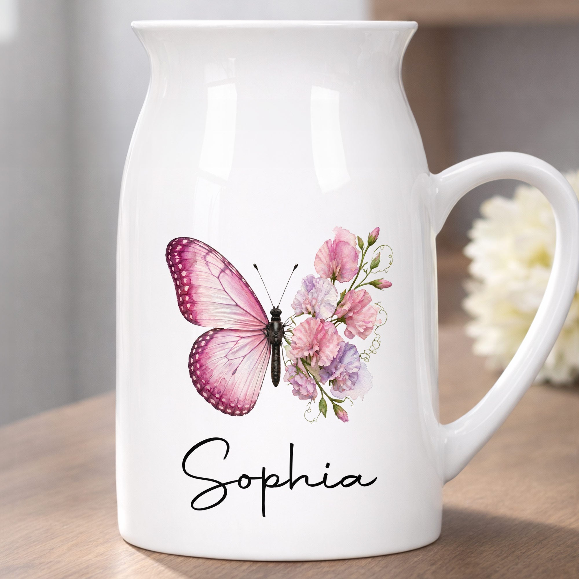 A Beautiful Butterfly And Its Blooming Flowers Custom Floral - Personalized Ceramic Flower Vase