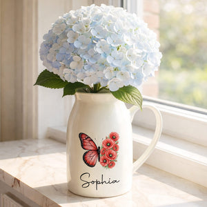 A Beautiful Butterfly And Its Blooming Flowers Custom Floral - Personalized Ceramic Flower Vase