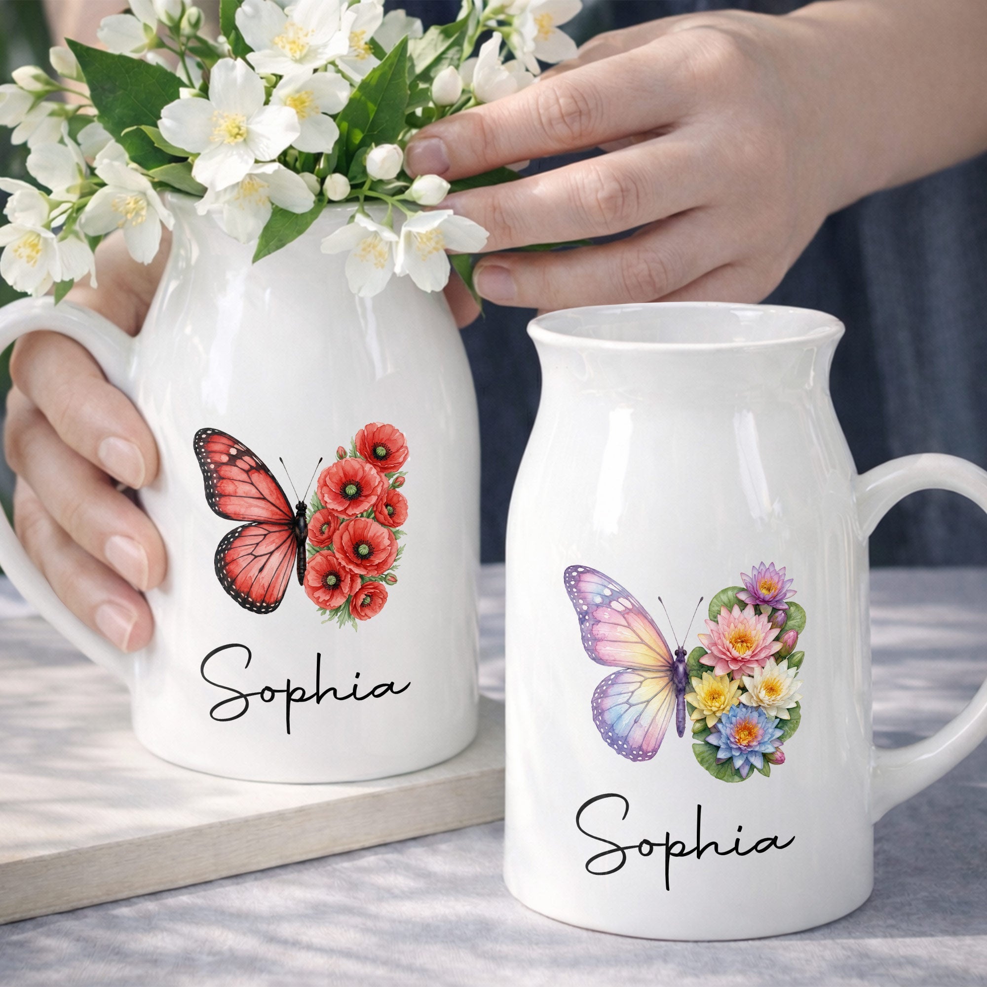 A Beautiful Butterfly And Its Blooming Flowers Custom Floral - Personalized Ceramic Flower Vase