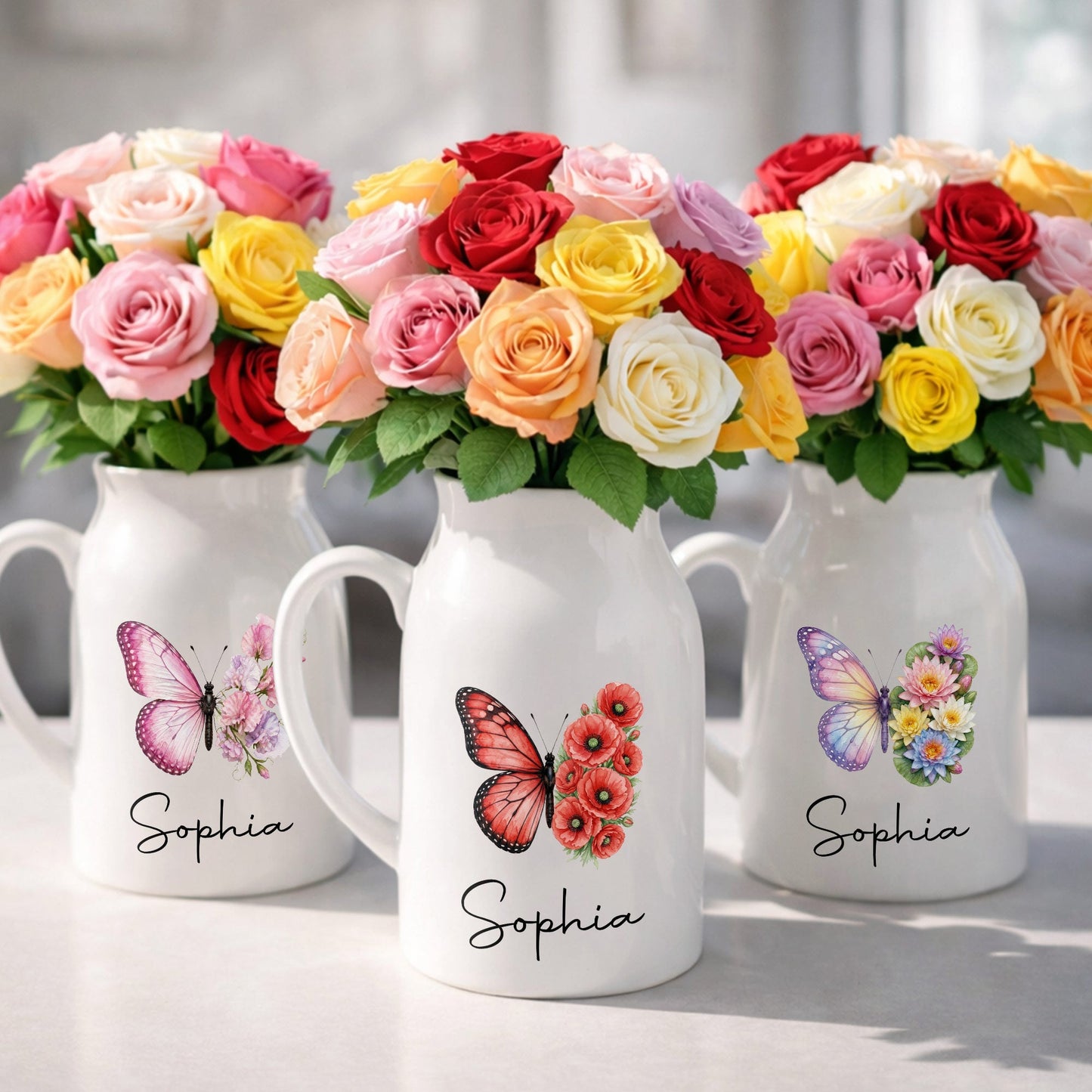 A Beautiful Butterfly And Its Blooming Flowers Custom Floral - Personalized Ceramic Flower Vase
