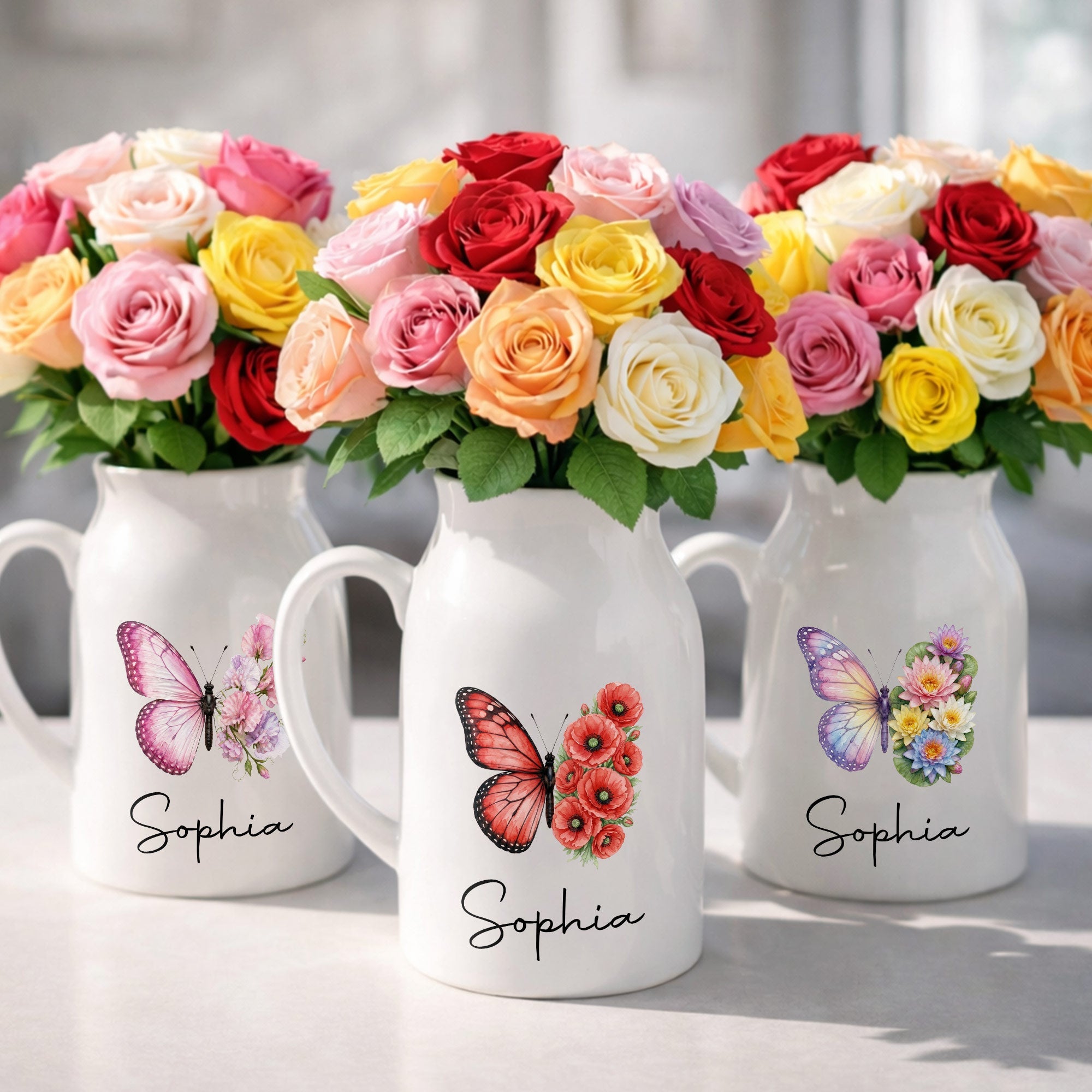 A Beautiful Butterfly And Its Blooming Flowers Custom Floral - Personalized Ceramic Flower Vase
