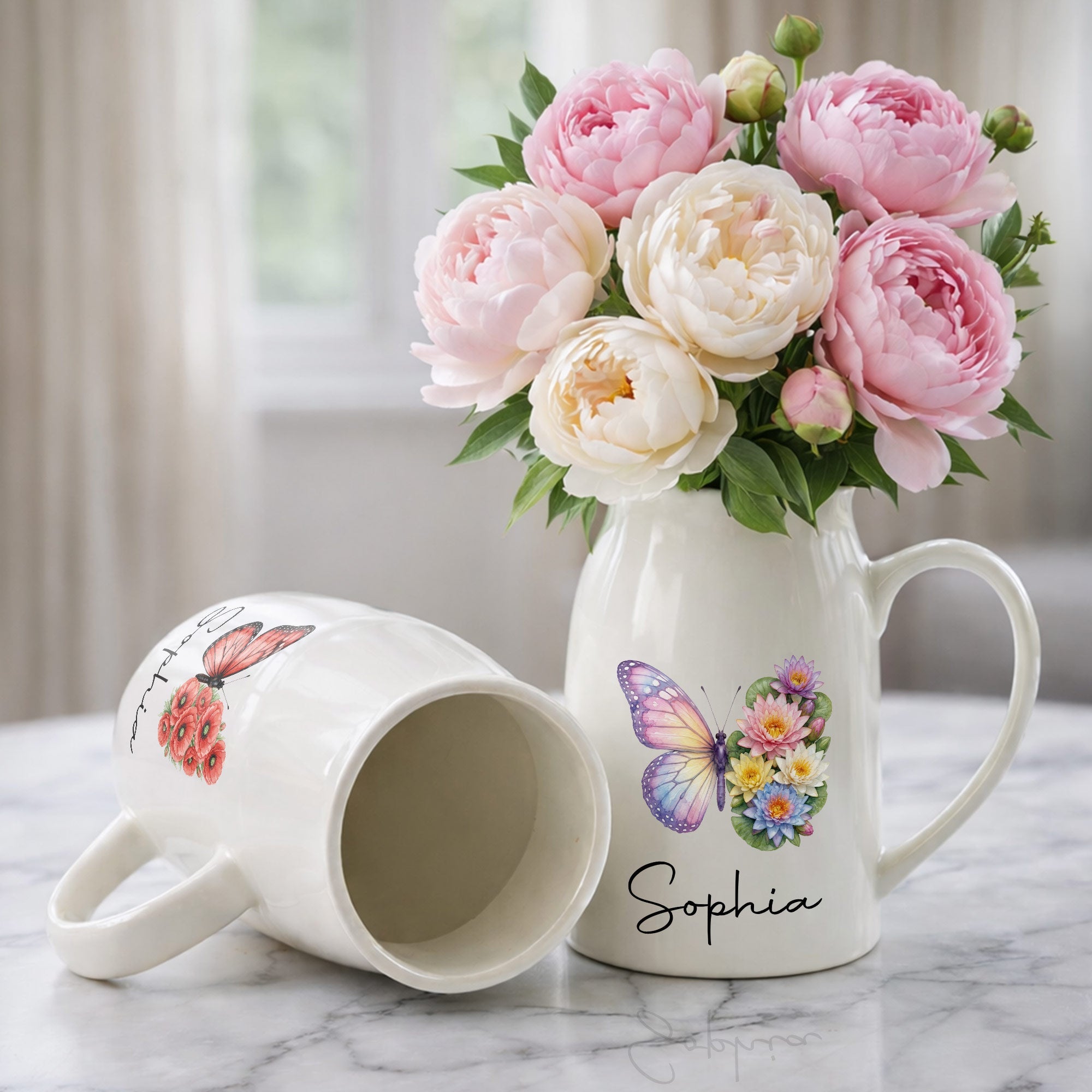A Beautiful Butterfly And Its Blooming Flowers Custom Floral - Personalized Ceramic Flower Vase