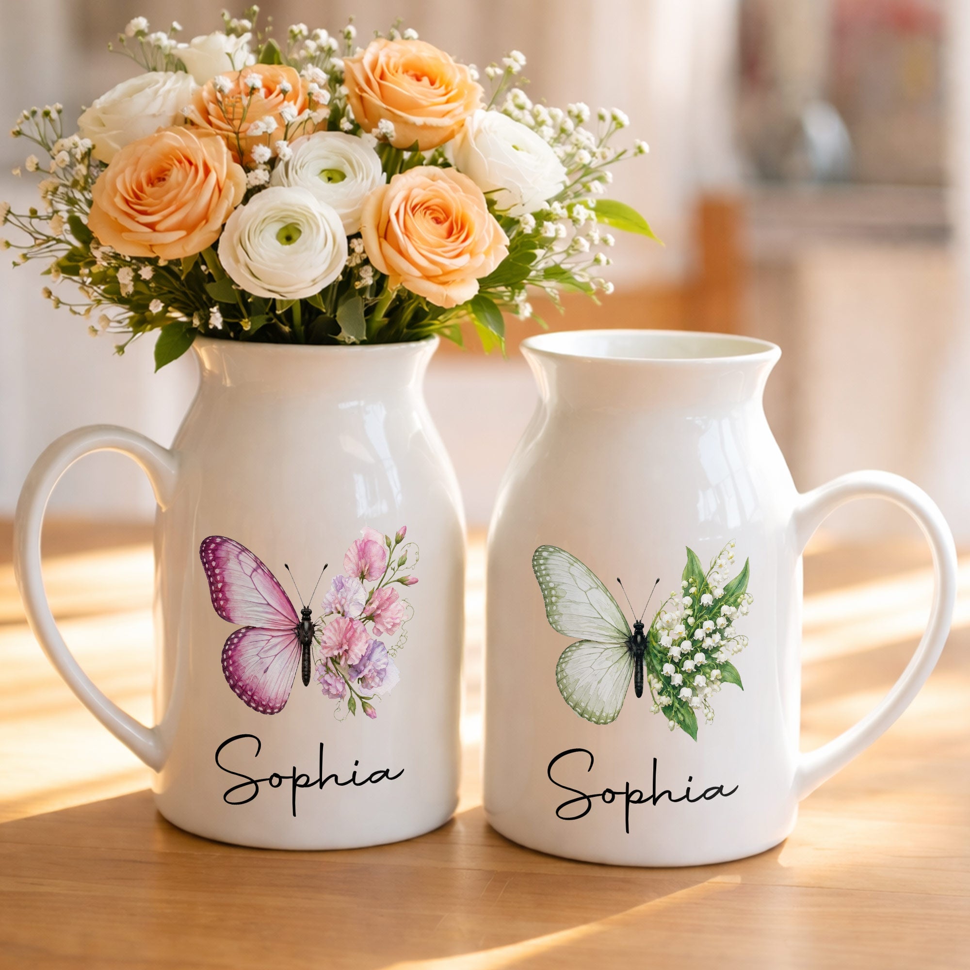 A Beautiful Butterfly And Its Blooming Flowers Custom Floral - Personalized Ceramic Flower Vase