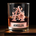 Elegant Rose Gold Alphabet Initial Floral Rose And Diamonds - Personalized Custom Whiskey Glass - DTG141_RWG