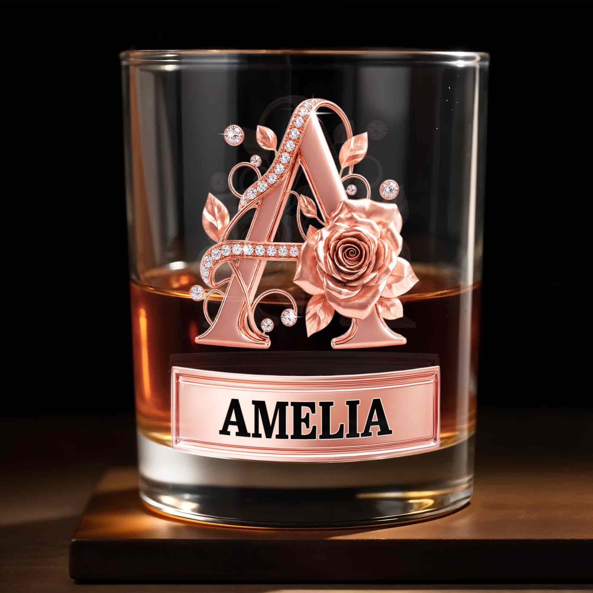 Elegant Rose Gold Alphabet Initial Floral Rose And Diamonds - Personalized Custom Whiskey Glass - DTG141_RWG