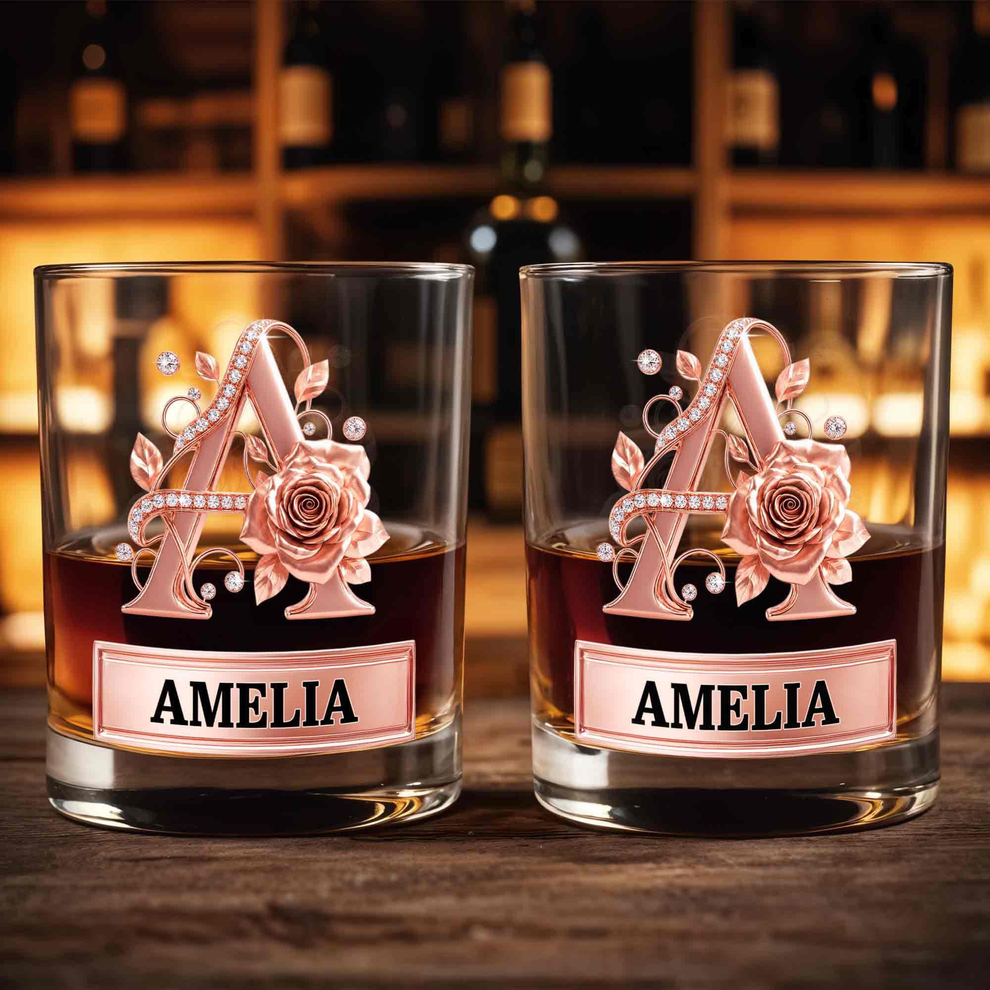 Elegant Rose Gold Alphabet Initial Floral Rose And Diamonds - Personalized Custom Whiskey Glass - DTG141_RWG