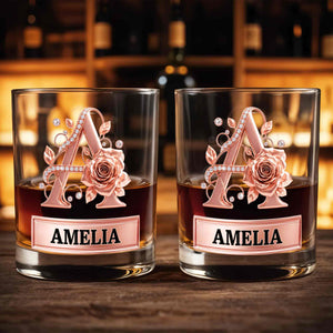 Elegant Rose Gold Alphabet Initial Floral Rose And Diamonds - Personalized Custom Whiskey Glass - DTG141_RWG