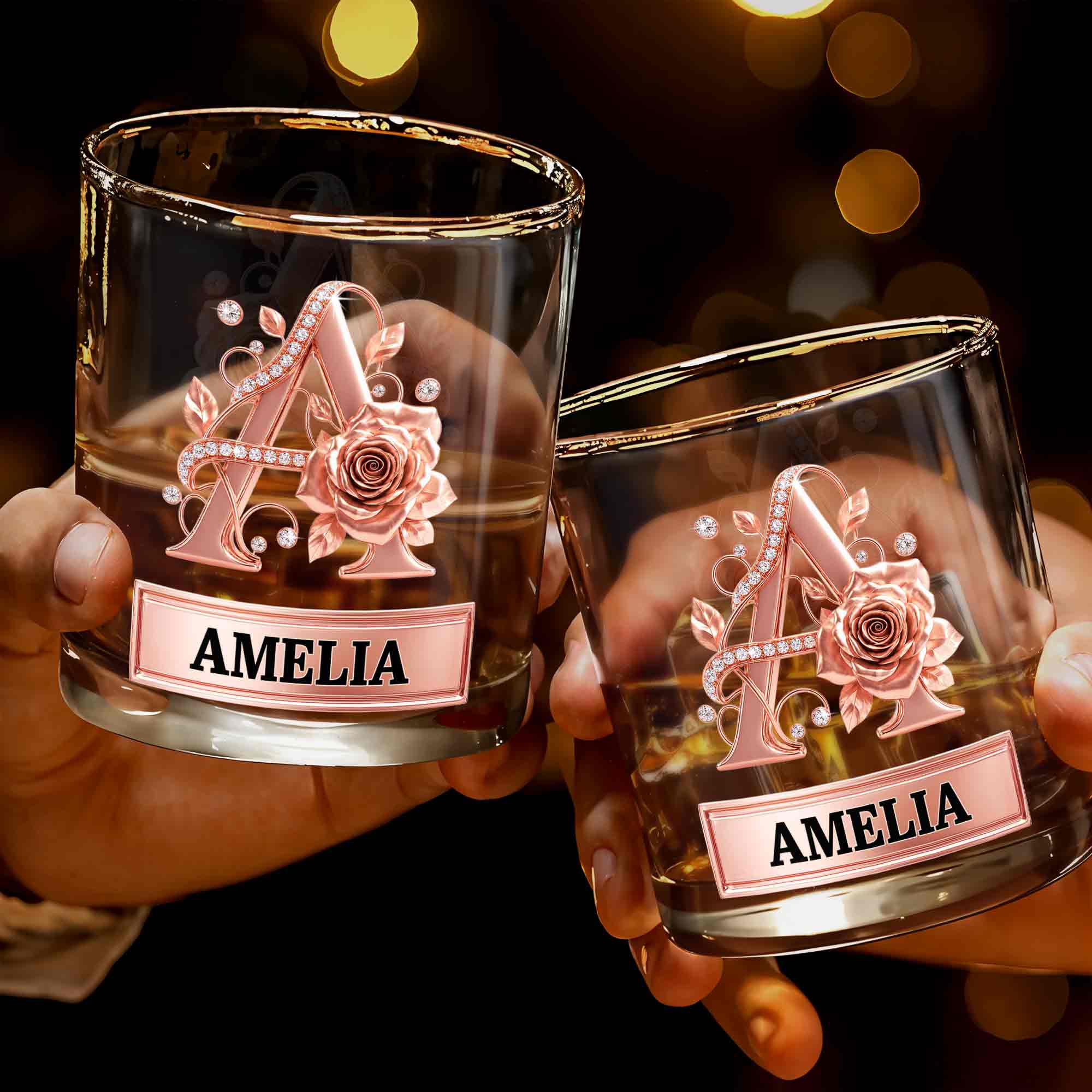 Elegant Rose Gold Alphabet Initial Floral Rose And Diamonds - Personalized Custom Whiskey Glass - DTG141_RWG