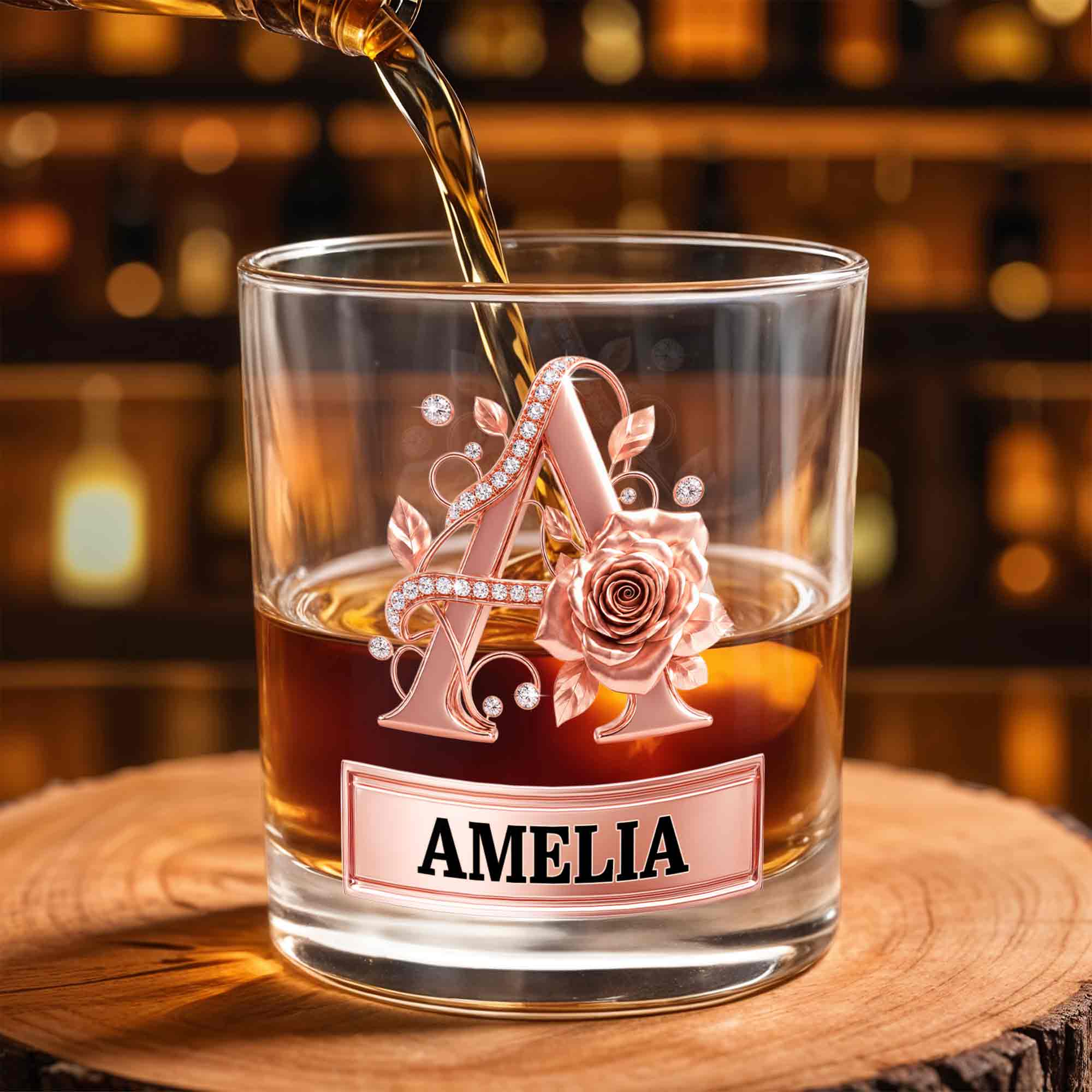 Elegant Rose Gold Alphabet Initial Floral Rose And Diamonds - Personalized Custom Whiskey Glass - DTG141_RWG