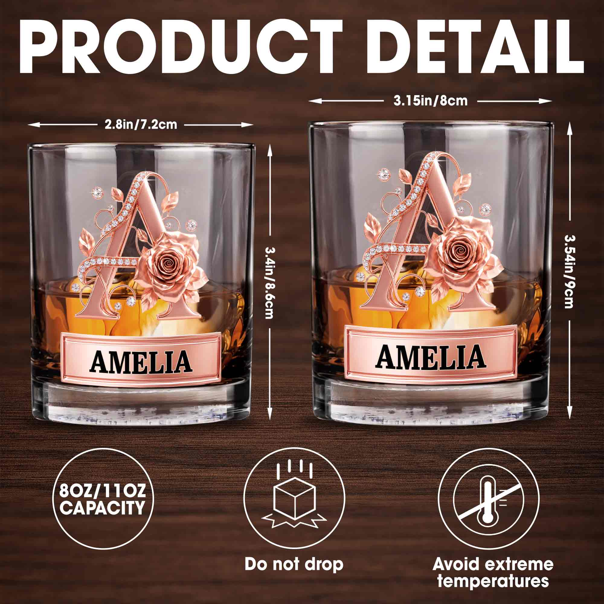 Elegant Rose Gold Alphabet Initial Floral Rose And Diamonds - Personalized Custom Whiskey Glass - DTG141_RWG
