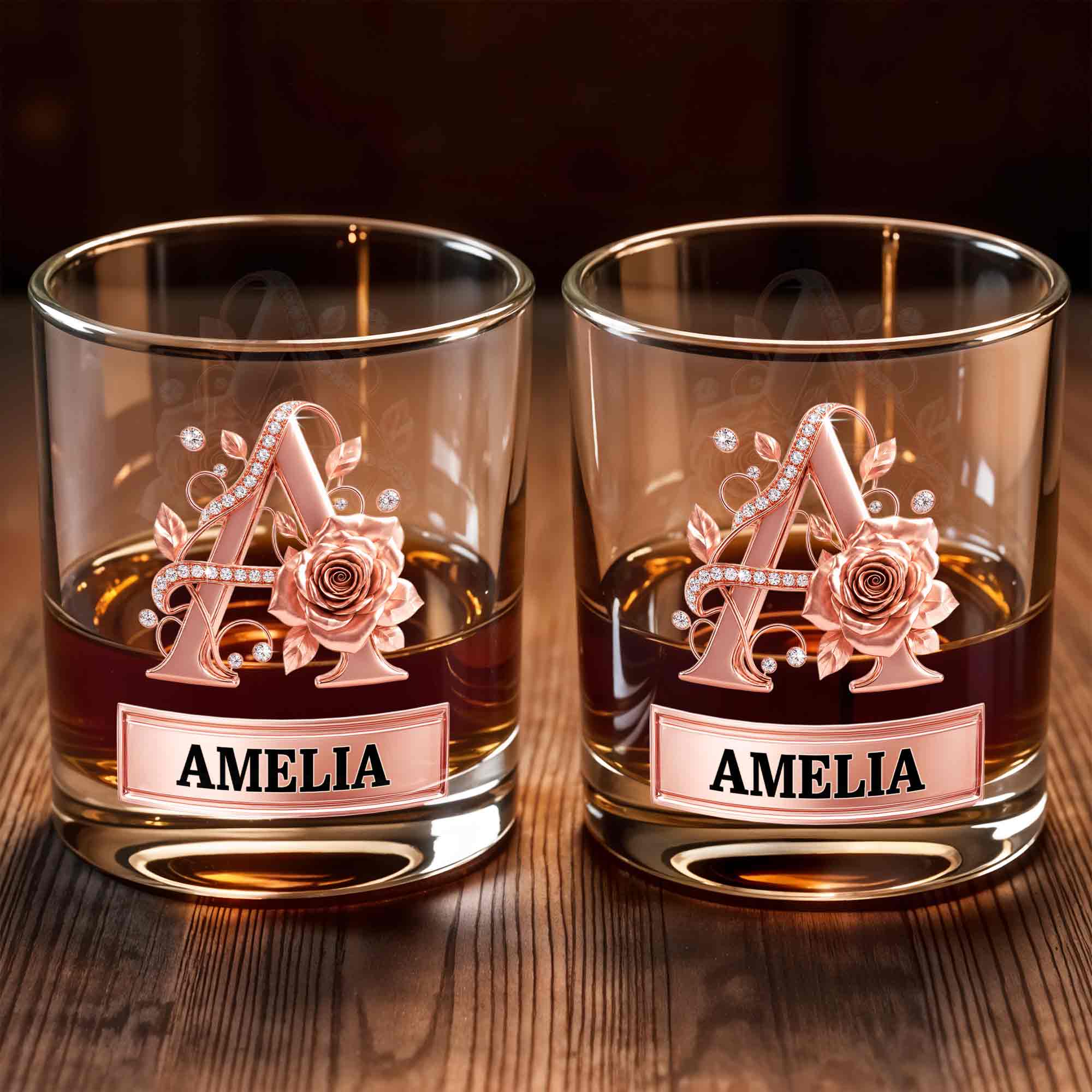 Elegant Rose Gold Alphabet Initial Floral Rose And Diamonds - Personalized Custom Whiskey Glass - DTG141_RWG